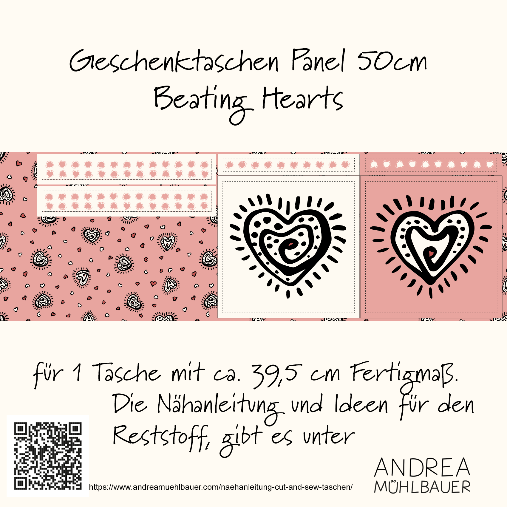 Bio Stoff  - Beating Hearts Tasche 50cm Panel