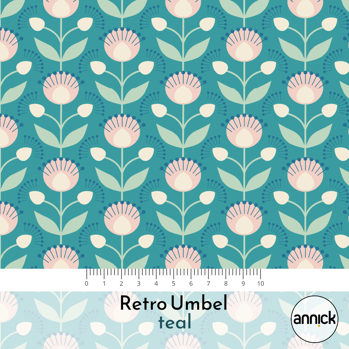 Bio Webware Stoff  -  Retro Umbel Teal  - Annick, Floral & Blumen, petrol, 100% Bio-Baumwolle