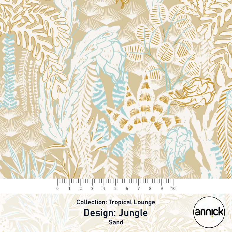 Bio Stoff  - Tropical Lounge Jungle Sand - Annick, creme, Blätter & Ranken