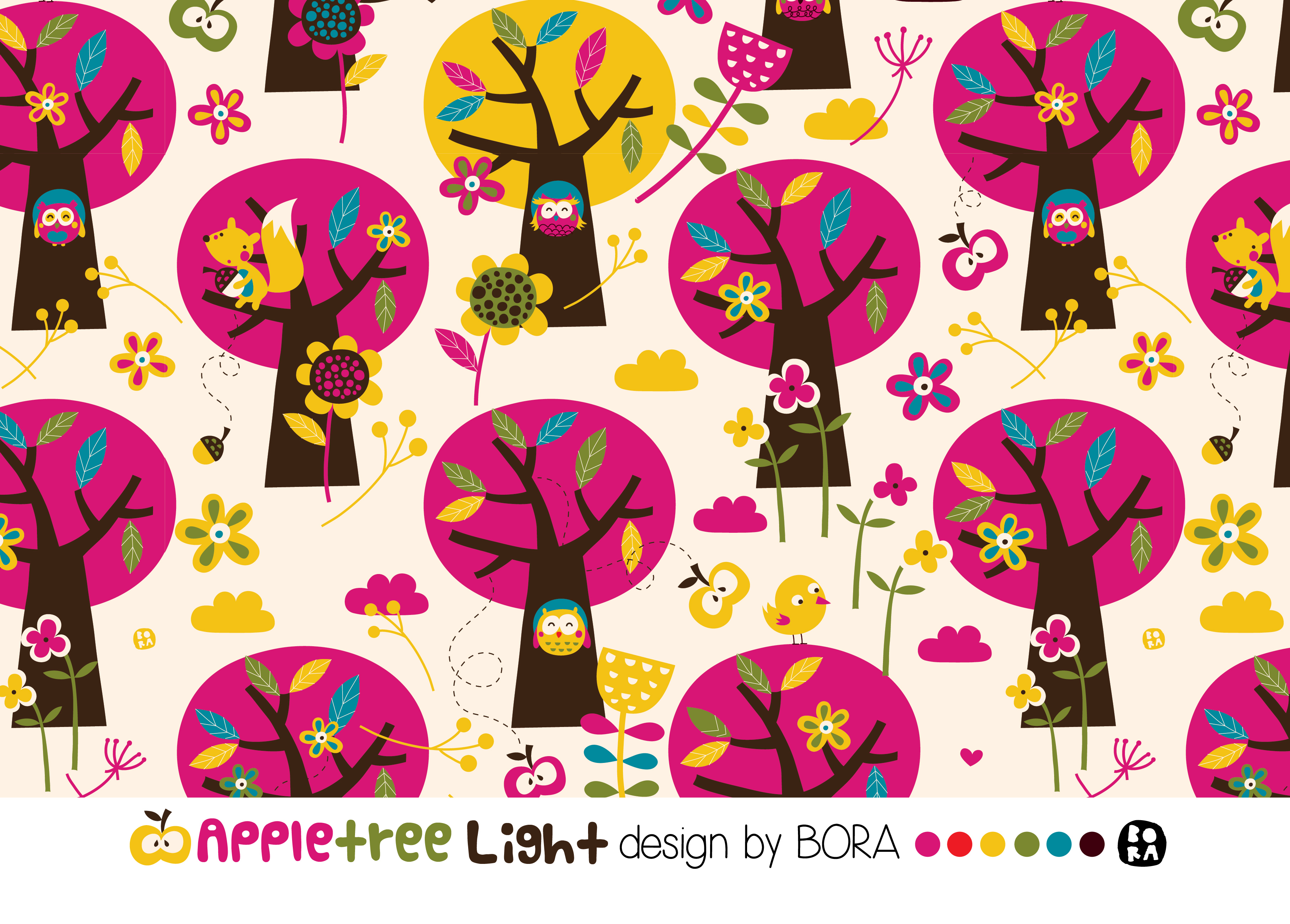 Bio Webware Stoff  -  Appletree Light  - Bora, Bäume & Palmen, Tiere, creme, 100% Bio-Baumwolle