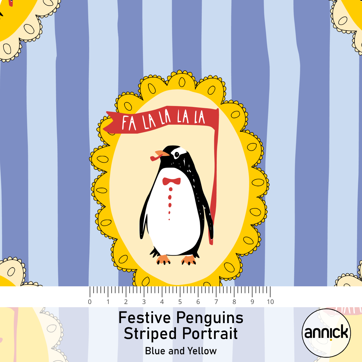 Bio Fabric - Festive Penguins Striped Portrait blu, yellow