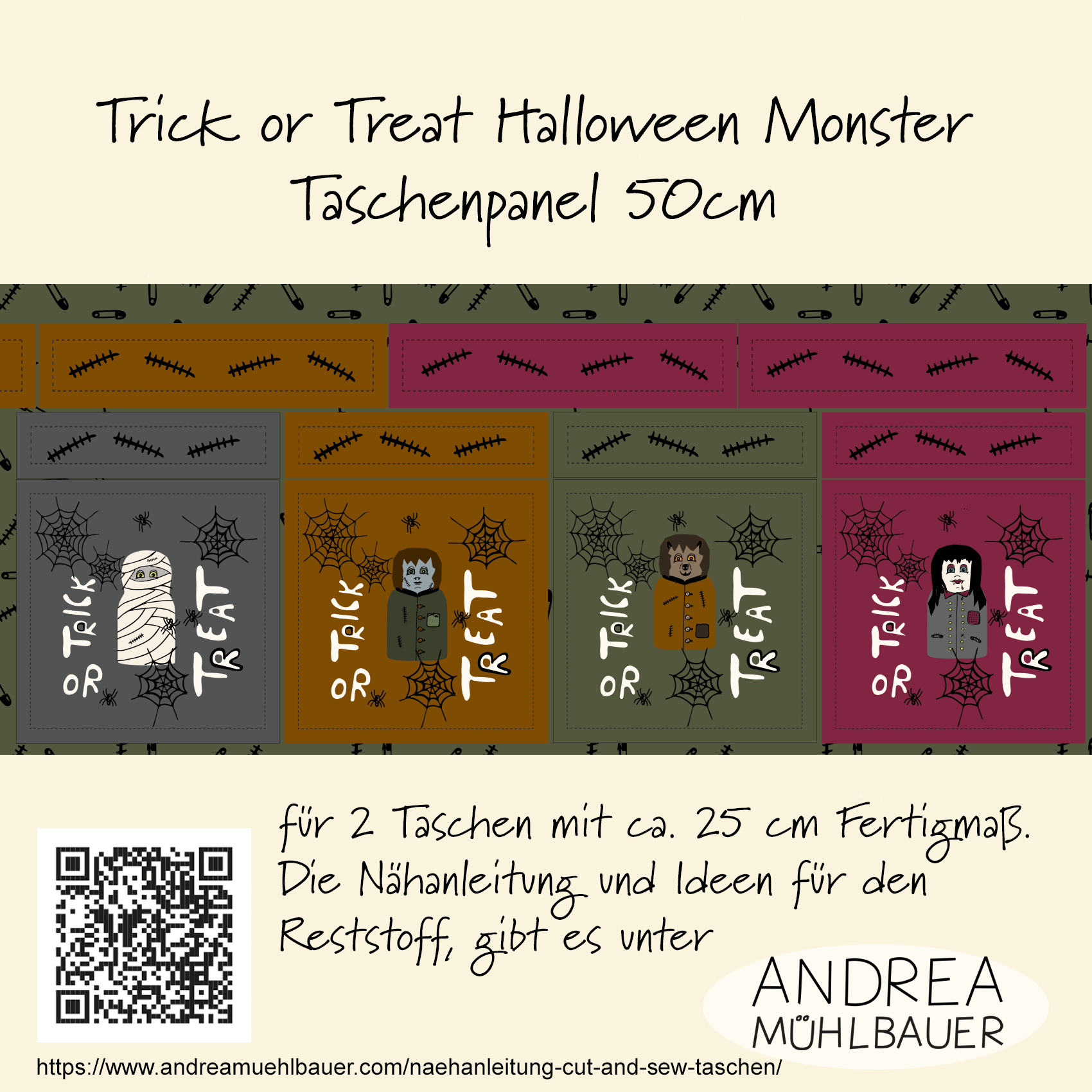 Bio Stoff - 50 cm Panel Halloween Monster von Andrea Muehlbauer in grün und bordeaux Bio Stoff - 50 cm Panel Halloween Monster von Andrea Muehlbauer in grün und bordeaux