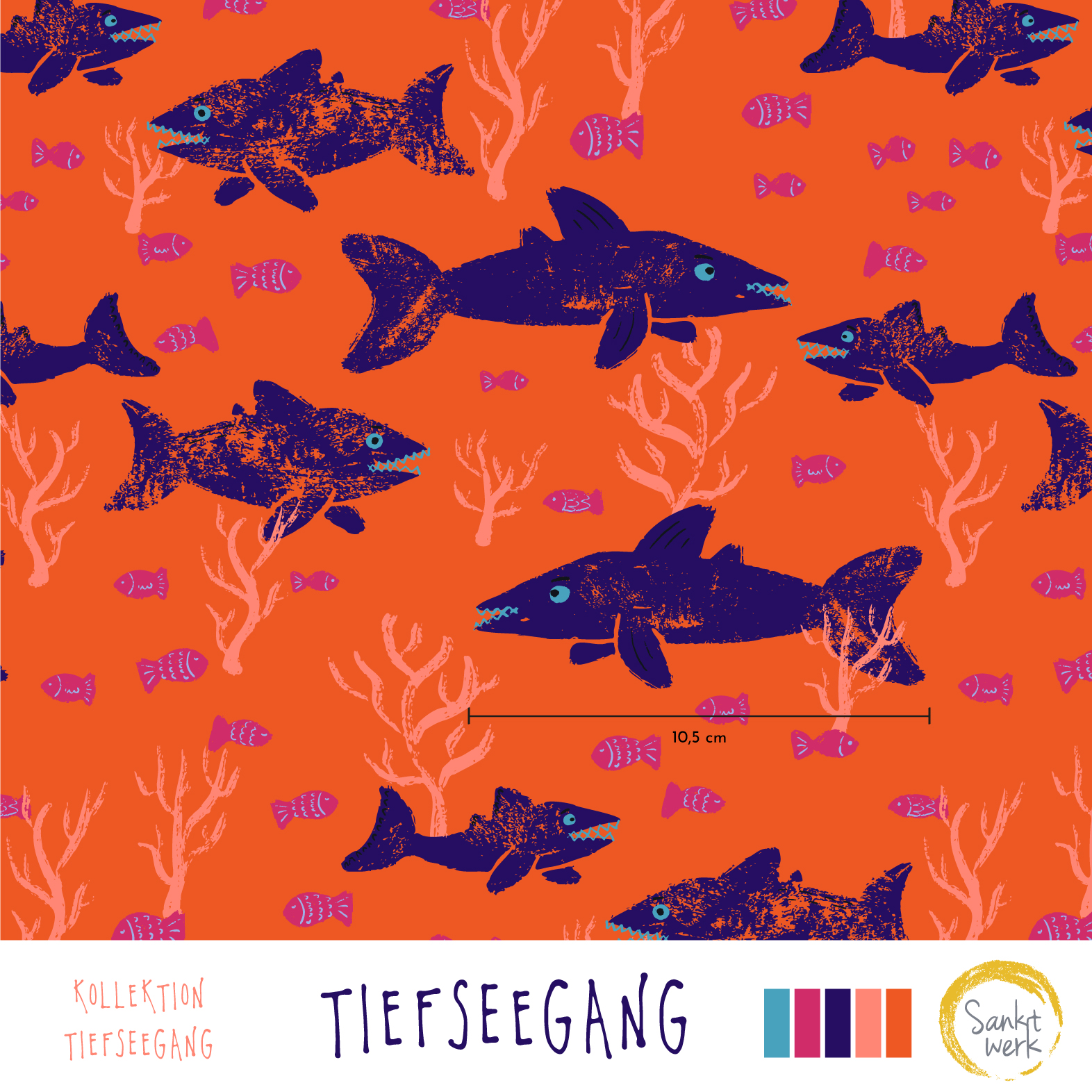 Bio Webware Stoff - Tiefseegang - Sanktwerk, Maritim, orange, Tiere, 100% Bio-Baumwolle Bio Webware Stoff - Tiefseegang - Sanktwerk, Maritim, orange, Tiere, 100% Bio-Baumwolle