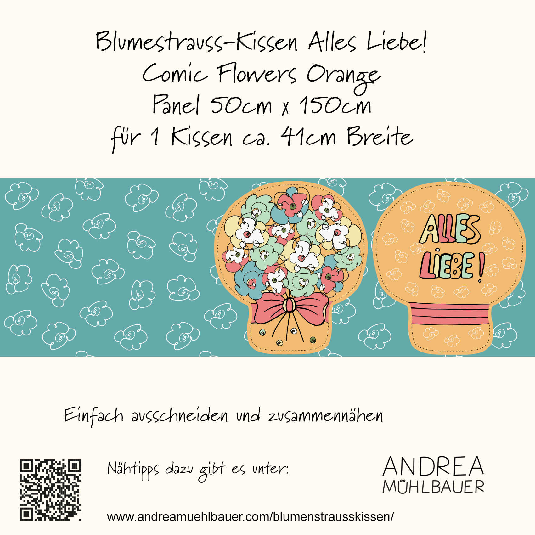 Bio Stoff  - Alles Liebe Blumenstraußkissen 50cm Panel orange