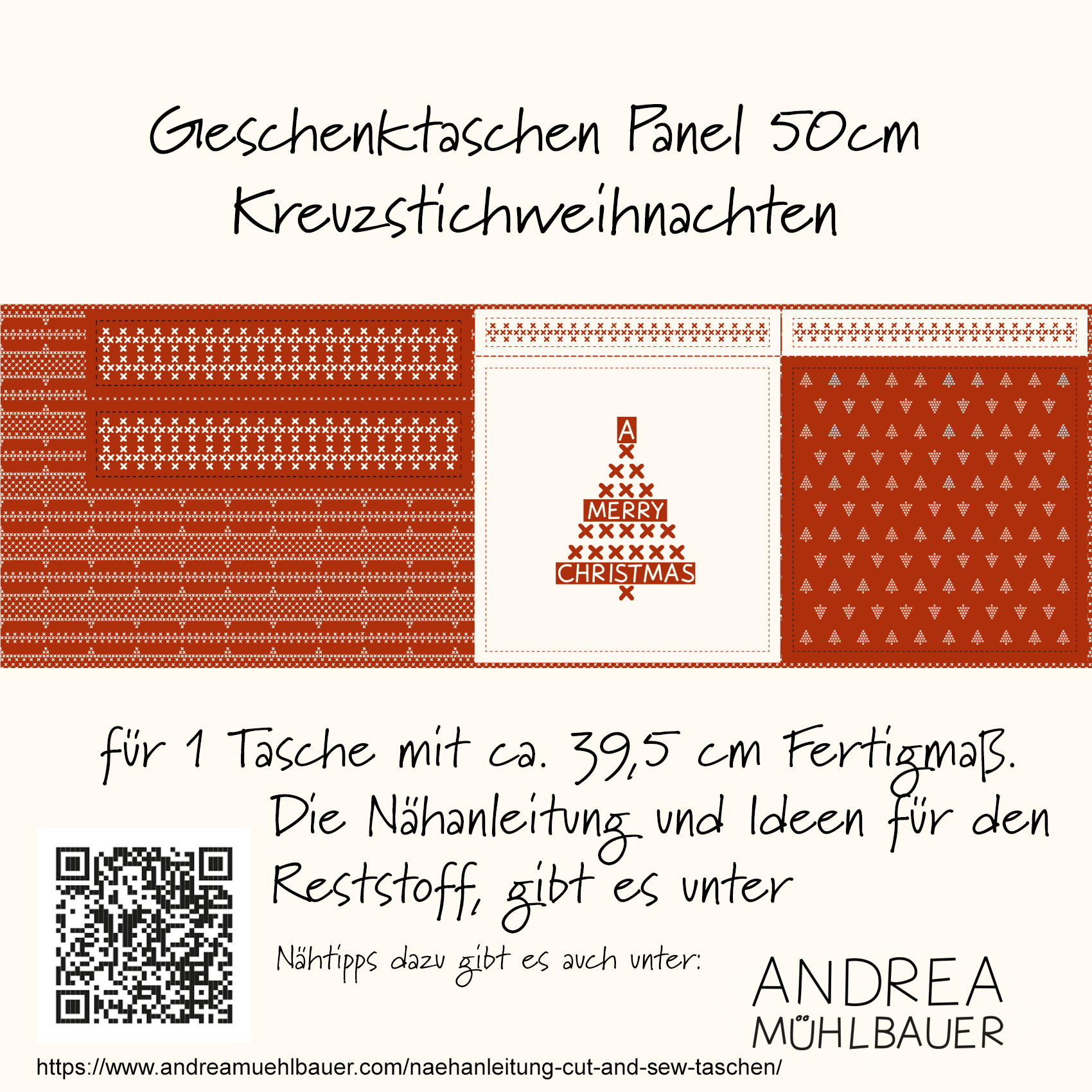 Bio Stoff - 50 cm Panel Geschenketasche Rot Kreuzstich von Andrea Muehlbauer in rot