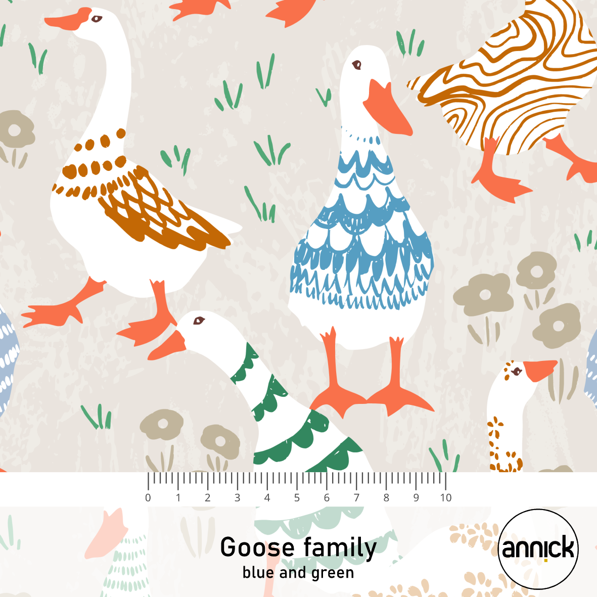 Bio Stoff - Goose Family Blau und Grün von Annick in blau und grün