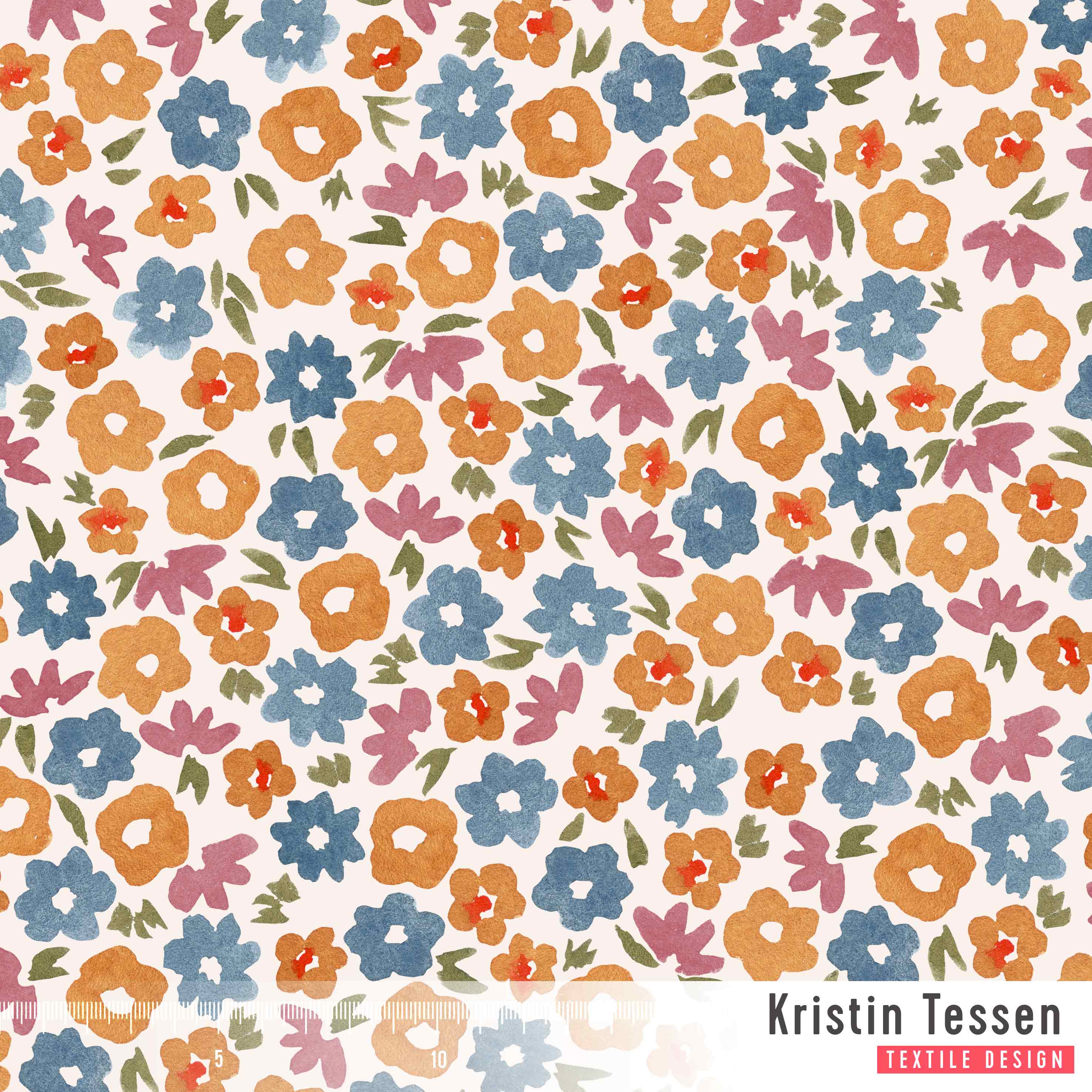Bio Stoff - Blumenherbst Blau von Kristin Tessen in blau, orange, lila
