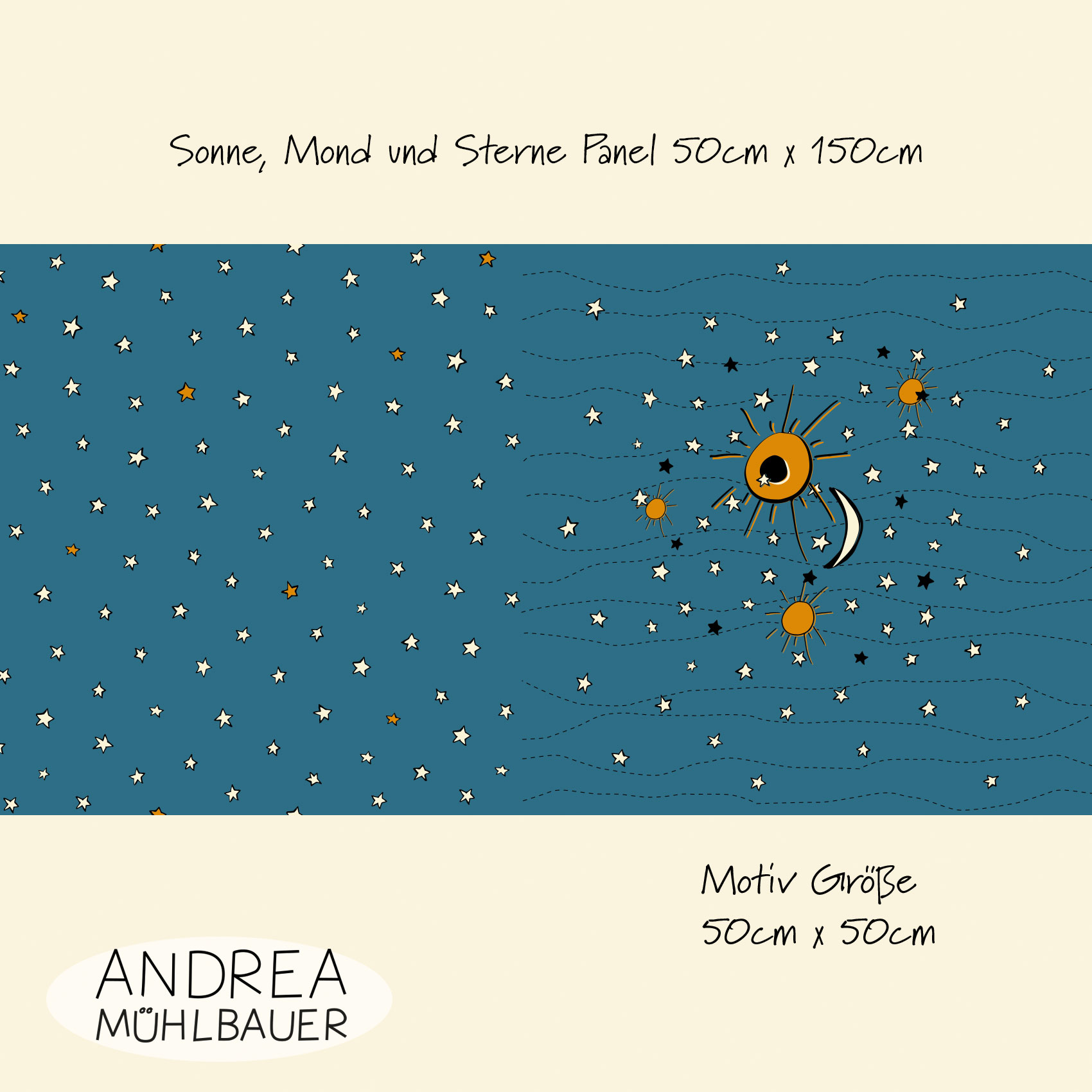 Bio Webware Stoff - 50 cm Panel Sonne Mond Sterne Blau - AndreaMuehlbauer, Sterne, blau, 100% Bio-Baumwolle Bio Webware Stoff - 50 cm Panel Sonne Mond Sterne Blau - AndreaMuehlbauer, Sterne, blau, 100% Bio-Baumwolle