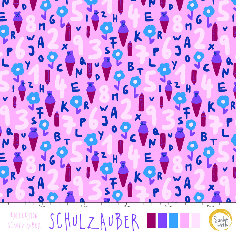 Bio Summersweat Stoff  - Schulzauber- Sanktwerk, blau, Kinder, Buchstaben Breite 150 cm