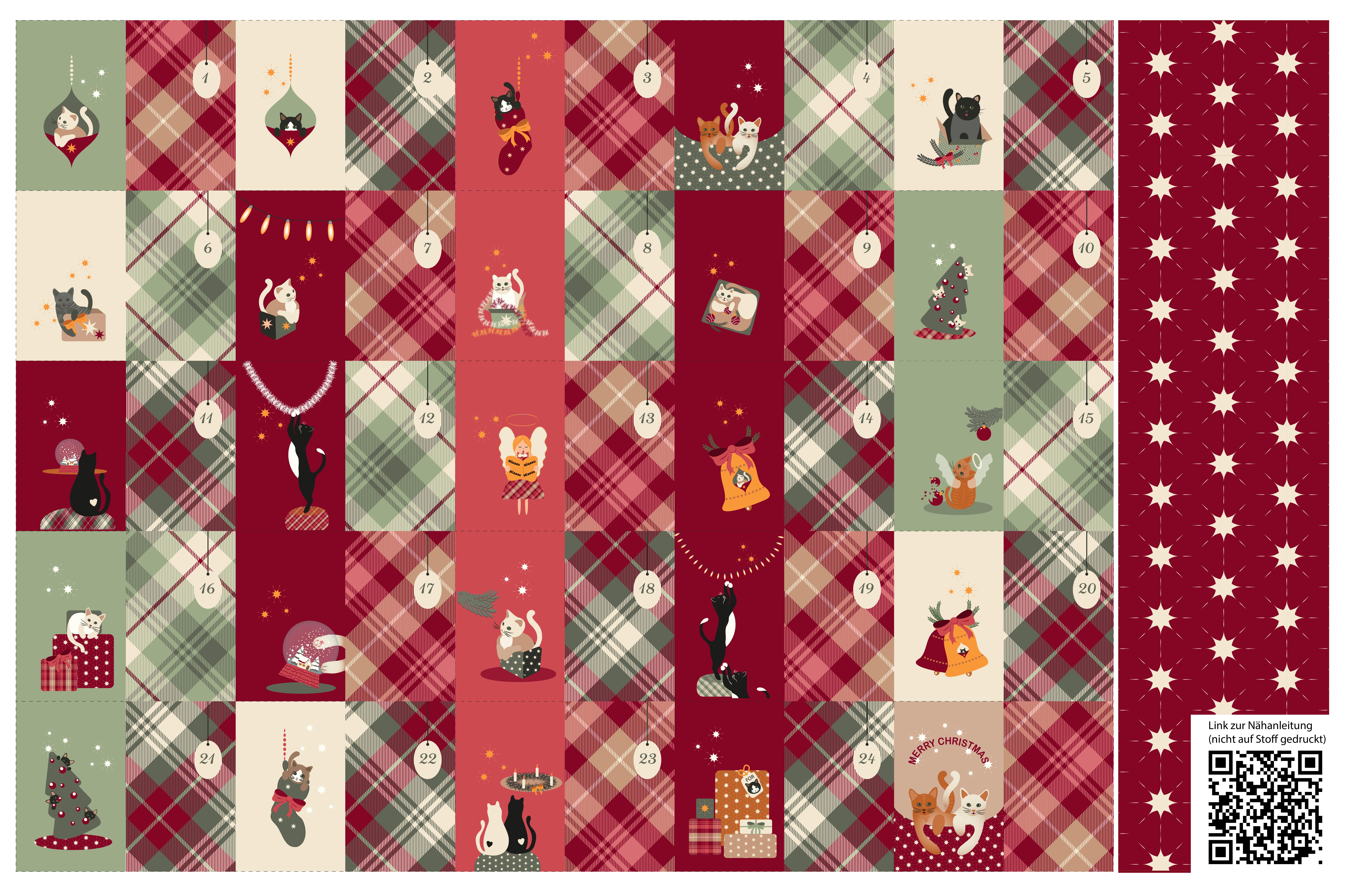 Bio Webware Stoff  - 1,0 m Panel Adventkalender Christmas Cats - EviRoider, Weihnachten, bunt, 100% Bio-Baumwolle