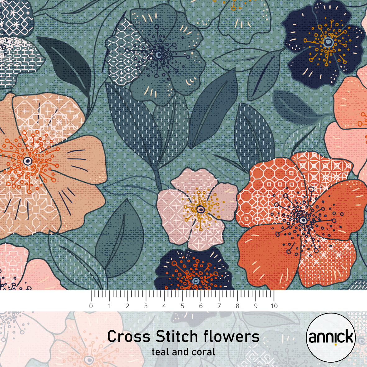 Bio Stoff - Cross Stitch Flowers Teal and Coral von Annick in petrol