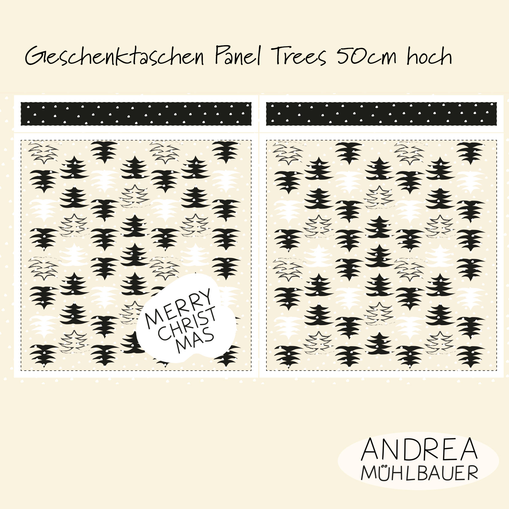Bio Webware Stoff - 50 cm Panel Geschenktasche Christmas in the Forest Tree black - AndreaMuehlbauer, creme, 100% Bio-Baumwolle Bio Webware Stoff - 50 cm Panel Geschenktasche Christmas in the Forest Tree black - AndreaMuehlbauer, creme, 100% Bio-Baumwolle