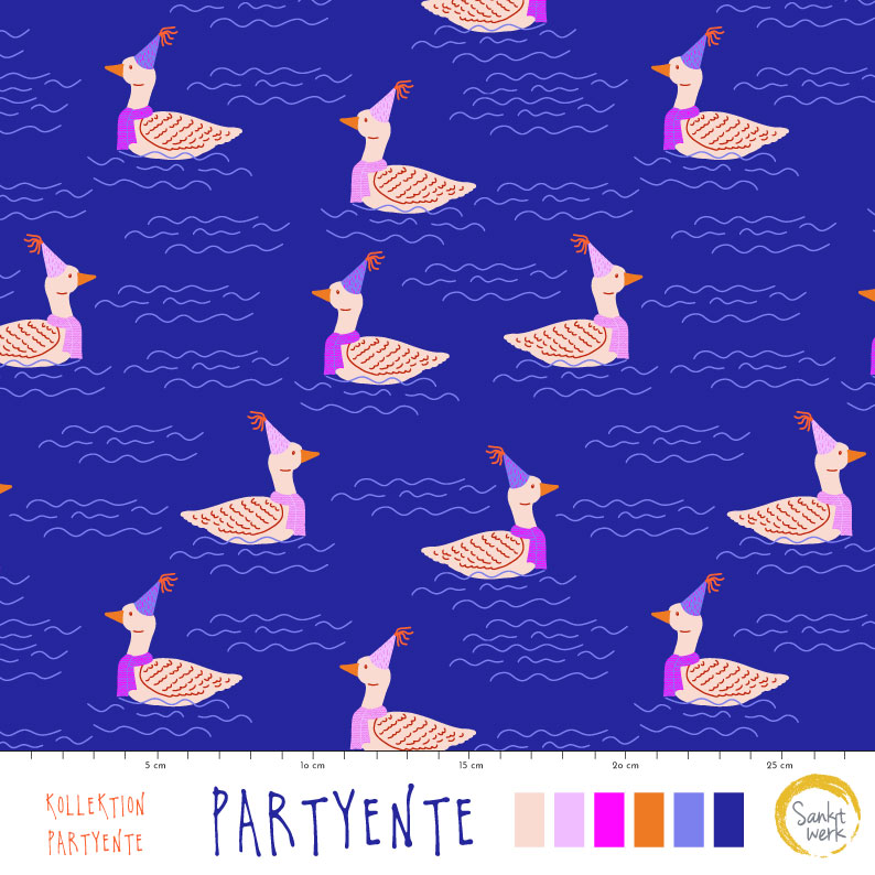 Bio Webware Stoff  - Partyente - Sanktwerk, blau, Tiere, 100% Bio-Baumwolle