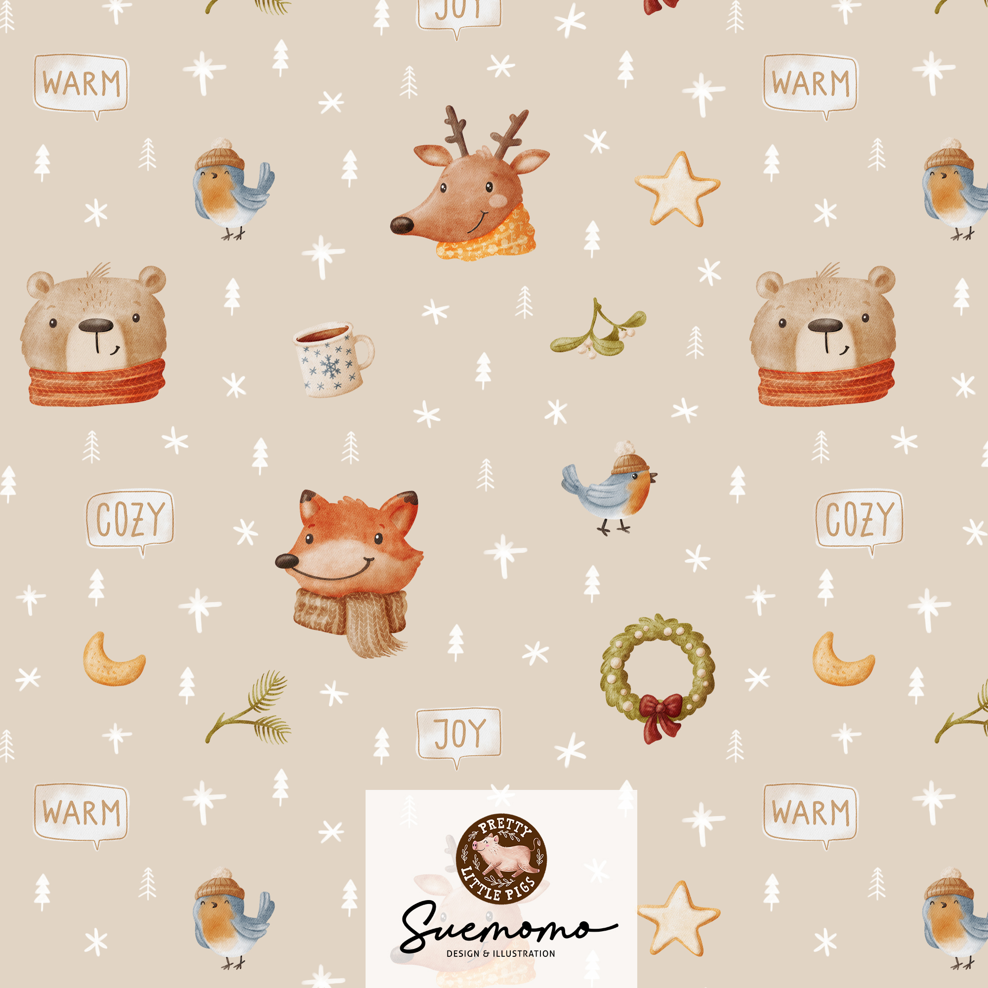 Bio Webware Stoff - Weihnachtsfreunde - PrettyLittlePigs, Tiere, beige, 100% Bio-Baumwolle Bio Webware Stoff - Weihnachtsfreunde - PrettyLittlePigs, Tiere, beige, 100% Bio-Baumwolle