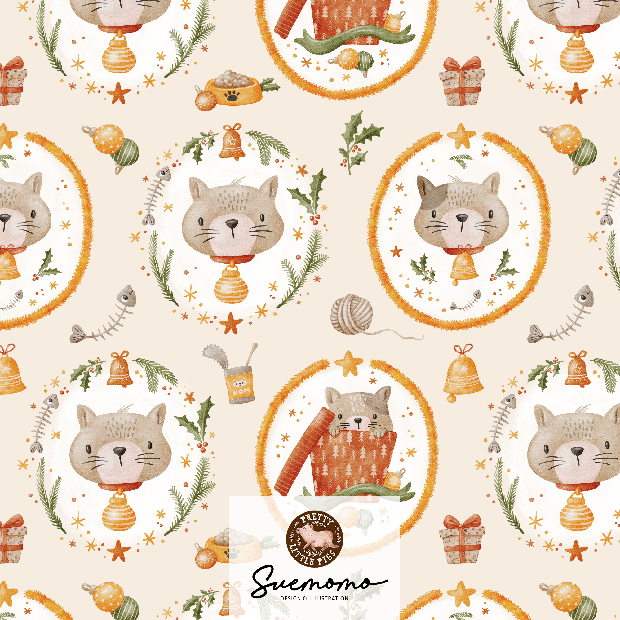Bio Webware Stoff  -  Meowy Christmas Vignette  - PrettyLittlePigs, Tiere, beige, 100% Bio-Baumwolle
