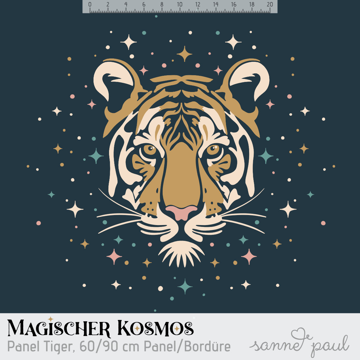 Bio Stoff  - 1,0 m Panel Magischer Kosmos Tiger Bordüre - SannePaul, Tiere, blau