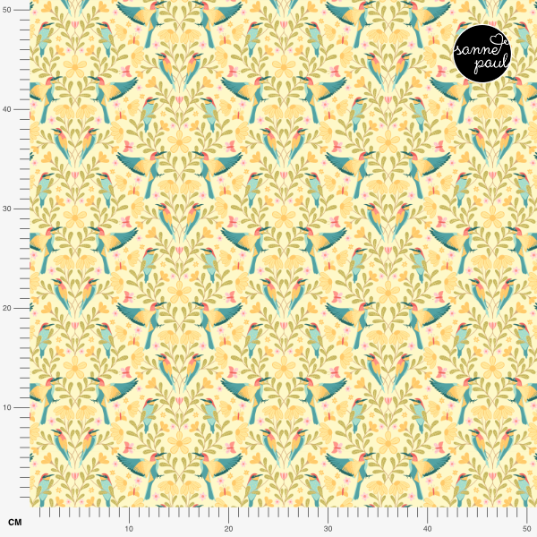 Organic fabric - Sommergold Vögel und Blumen yellow