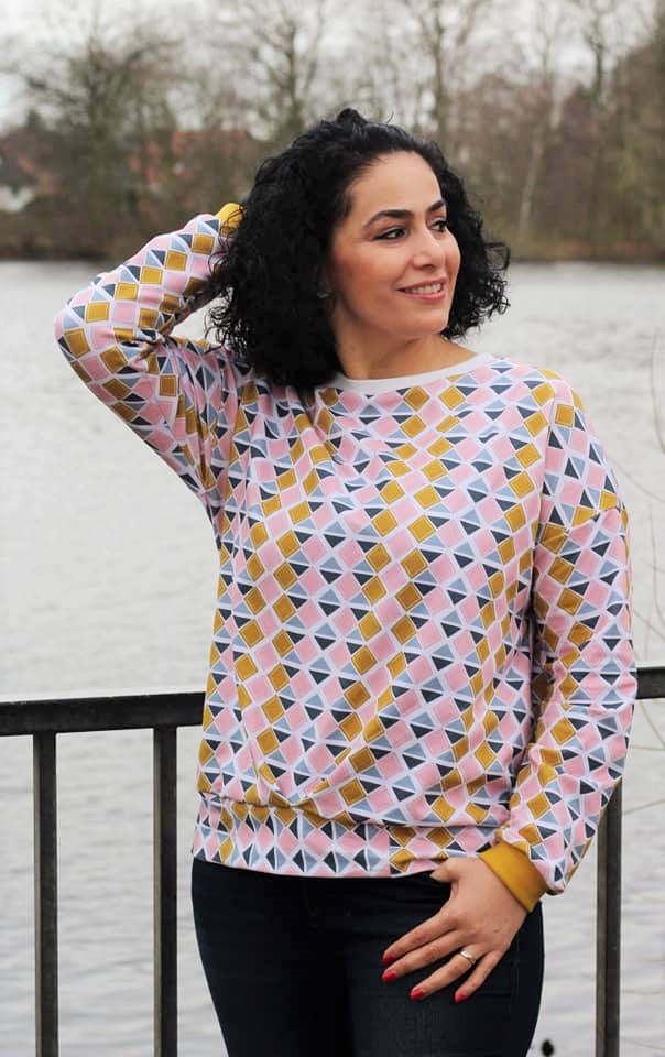 Bio Webware Stoff  -  Kitty Geometrics  - LilleSelection, Ornamente, grau, rosa, senf, 100% Bio-Baumwolle