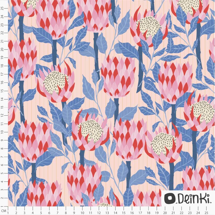 Bio Summersweat Stoff  - Protea Australia Rosa Blau - Deinki, creme, Blumen Breite 150 cm