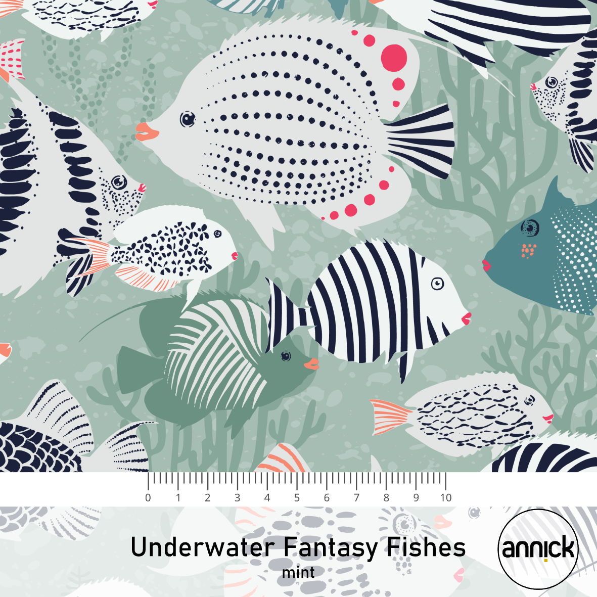 Bio Summersweat Stoff  - Underwater Fantasy Fishes mint - Annick, mint, Tiere, Maritim Breite 150 cm