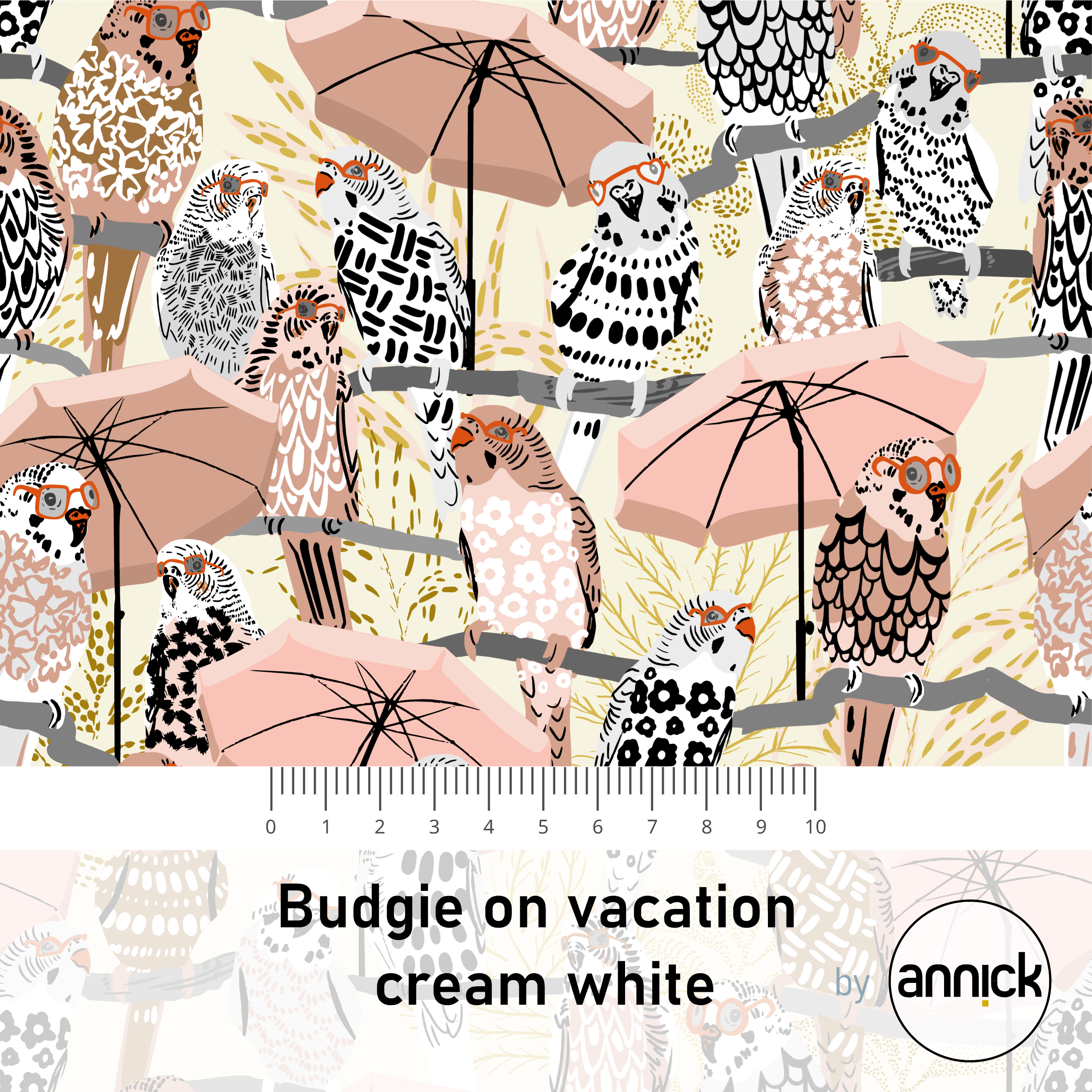 Bio Canvas Stoff  -  Budgie on Vacation Cream White  - Annick, Tiere, creme, rosa, 100% Bio-Baumwolle
