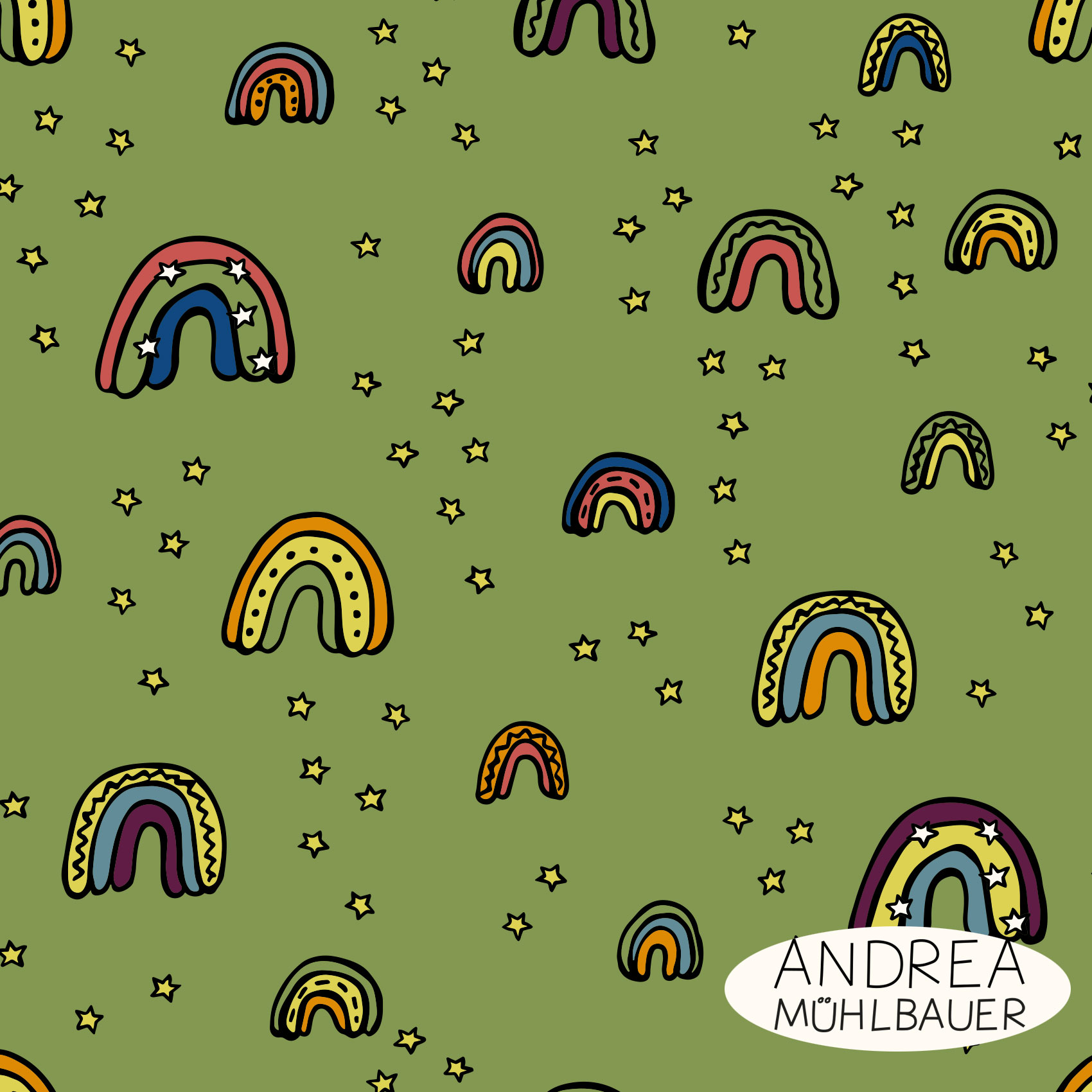 Bio Webware Stoff  -  Rainbow and Stars Green  - AndreaMuehlbauer, grün, Regenbogen, Fantasy, 100% Bio-Baumwolle
