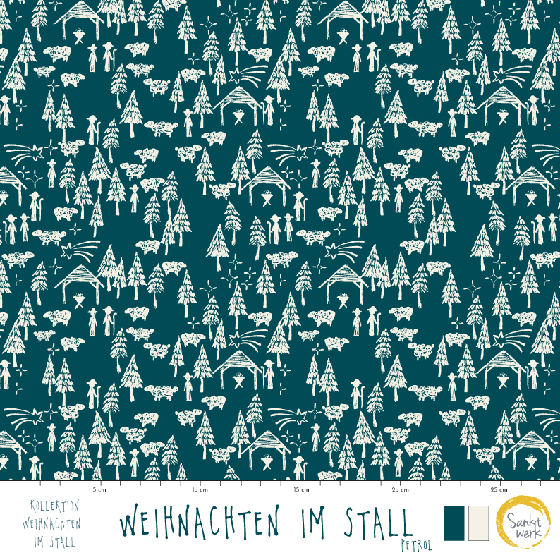 Bio Stoff  -  Weihnachten im Stall Petrol - Sanktwerk, Winter, petrol