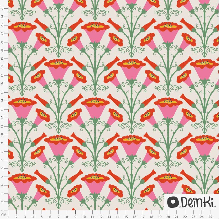 Bio Stoff  - Folk Prunkwinde Weiss Pink - Deinki, creme, Floral & Blumen