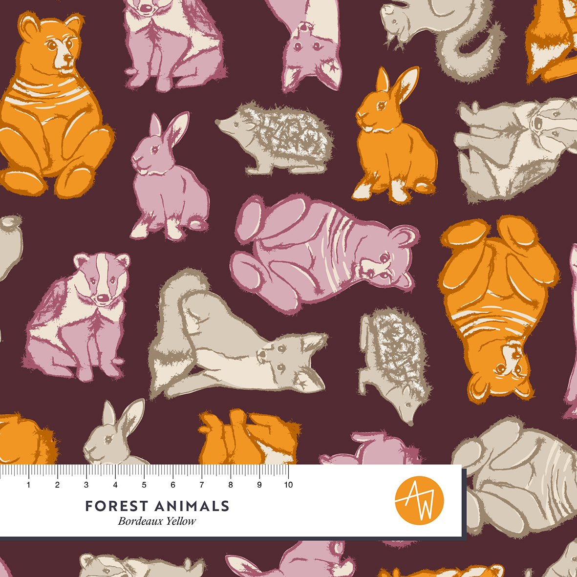 Bio Webware Stoff - Forest Animals Bordeaux Yellow - AlexandraWeise, Wald, Tiere, Herbst, bunt, 100% Bio-Baumwolle Bio Webware Stoff - Forest Animals Bordeaux Yellow - AlexandraWeise, Wald, Tiere, Herbst, bunt, 100% Bio-Baumwolle