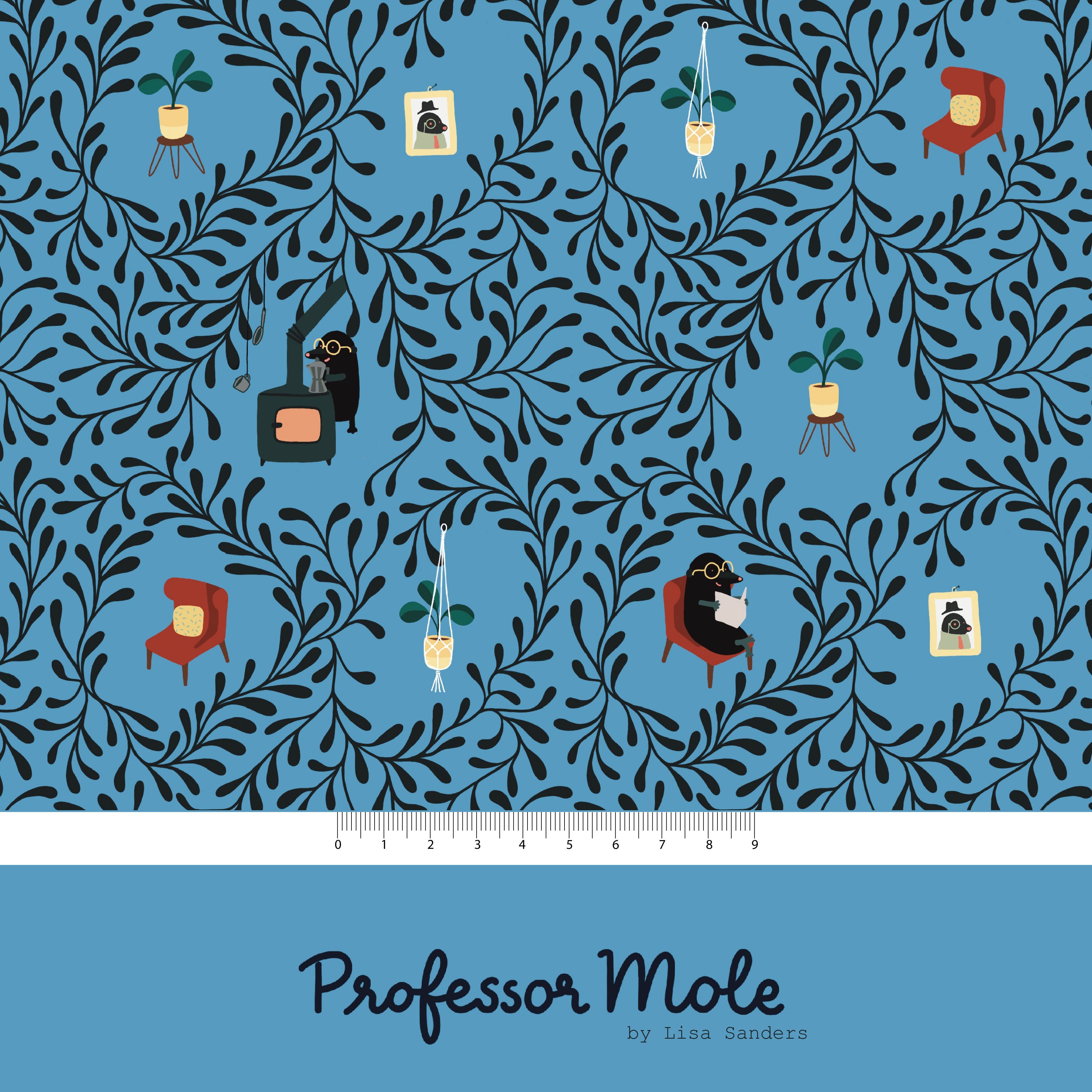 Bio Webware Stoff - Professor Mole - LisaSanders, Tiere, blau, Wald, schwarz, 100% Bio-Baumwolle Bio Webware Stoff - Professor Mole - LisaSanders, Tiere, blau, Wald, schwarz, 100% Bio-Baumwolle
