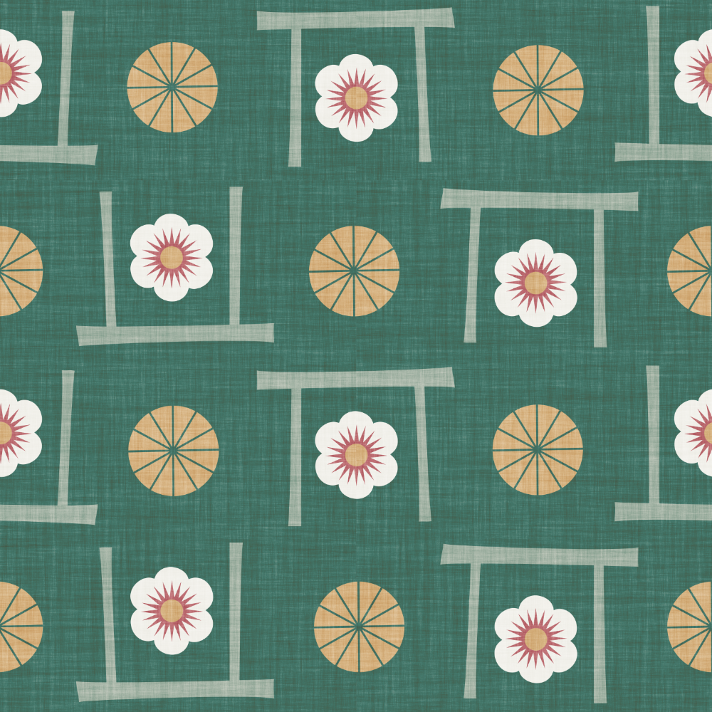 Bio Stoff  - Japanische Schirme und Kirschblüten grün