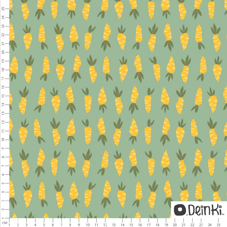 Bio Webware Stoff - Möhrchen - Deinki, Ostern, Essen, Obst & Gemüse, grün, 100% Bio-Baumwolle Bio Webware Stoff - Möhrchen - Deinki, Ostern, Essen, Obst & Gemüse, grün, 100% Bio-Baumwolle