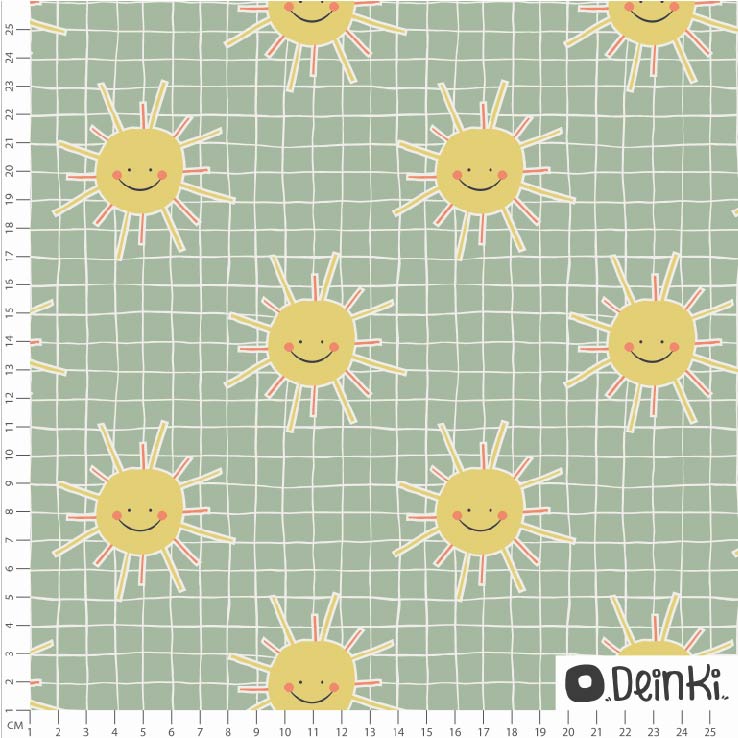 Bio Stoff  -  Sonnenschein  - Deinki, Sommer, grün, Kariert, Sonne, Mond und Sterne