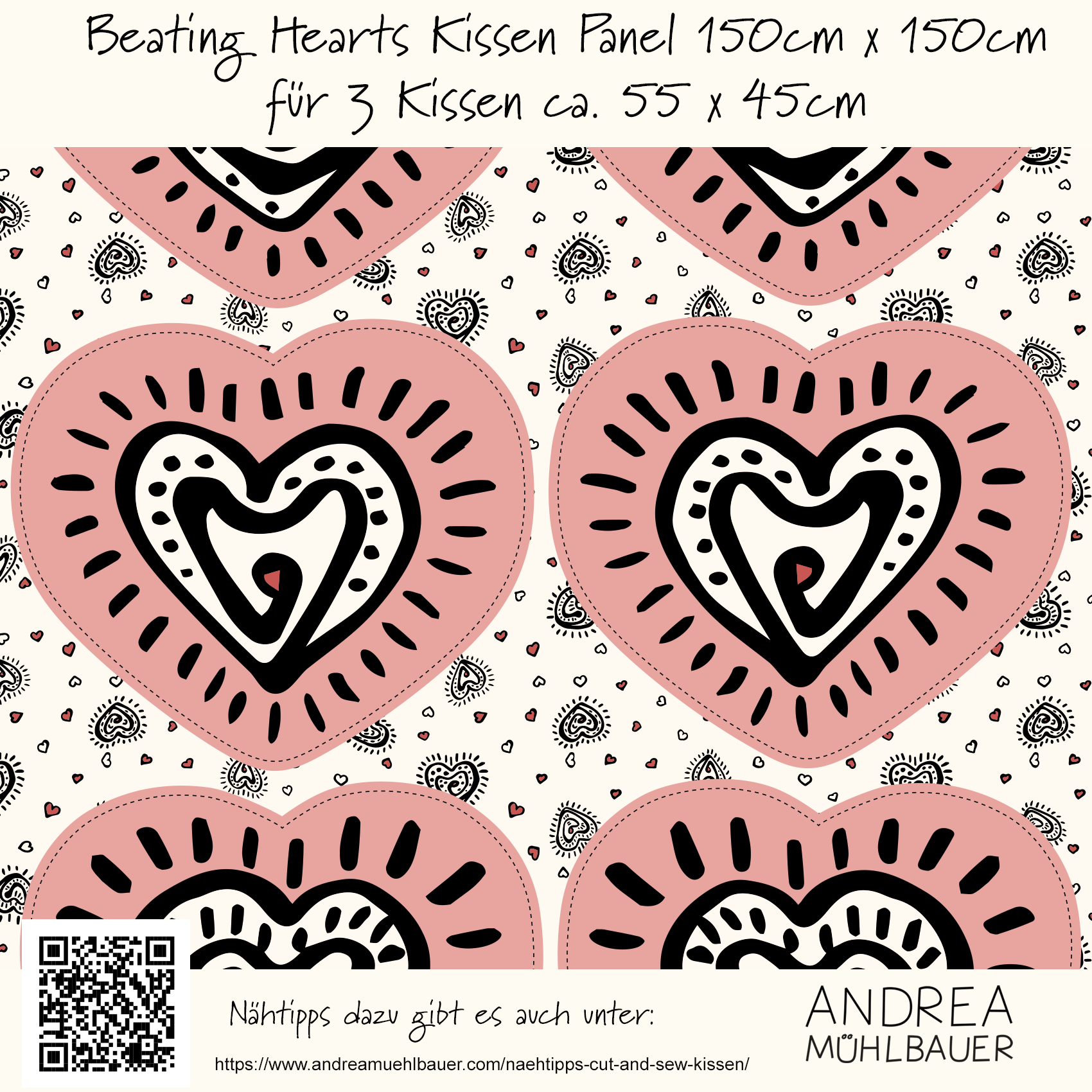 Bio Stoff  - Beating Hearts Kissen 150cm Panel pink