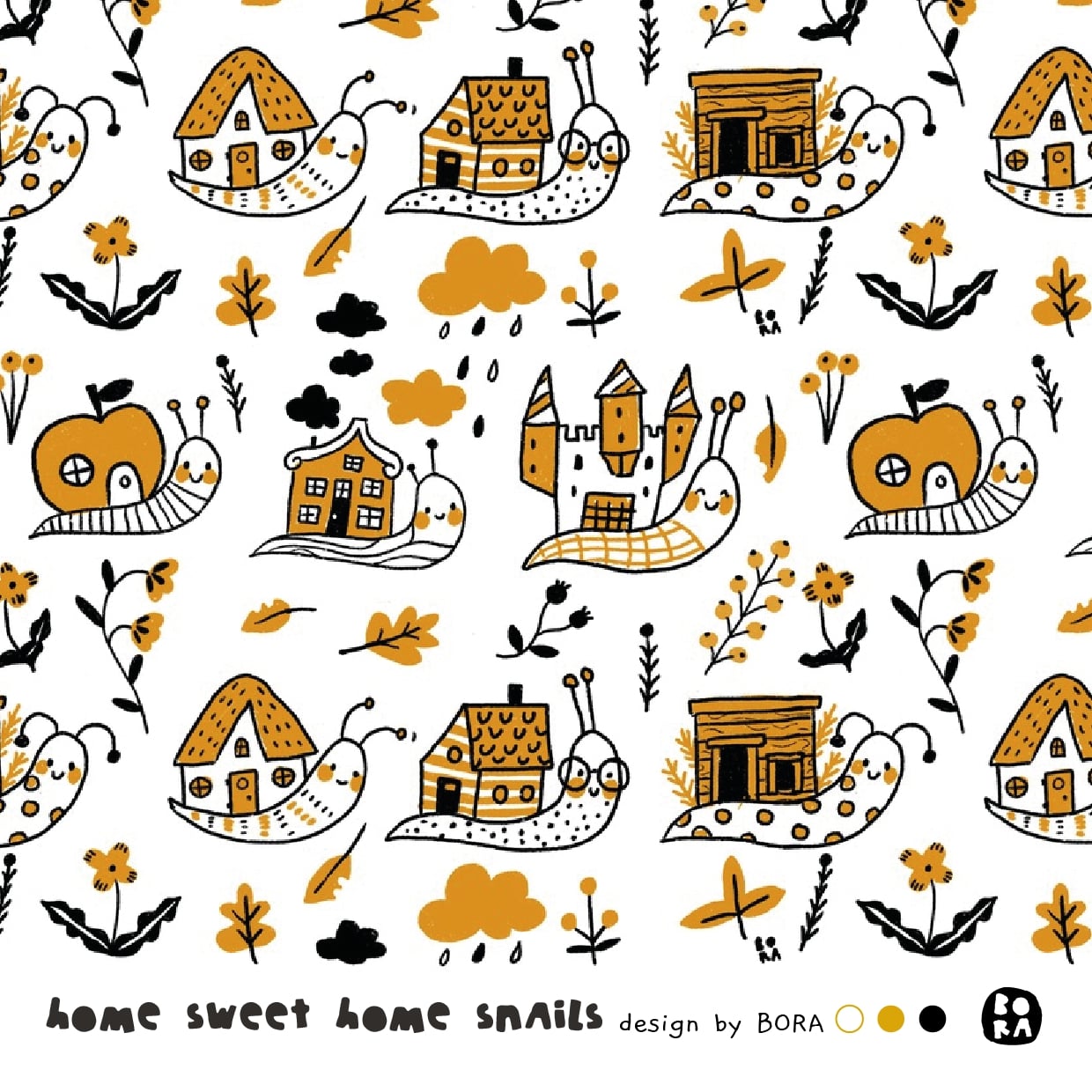 Scuba Stoff  -  Home Sweet Home Snails  - Bora, Tiere, weiß, Floral & Blumen, Wetter, Breite 150 cm