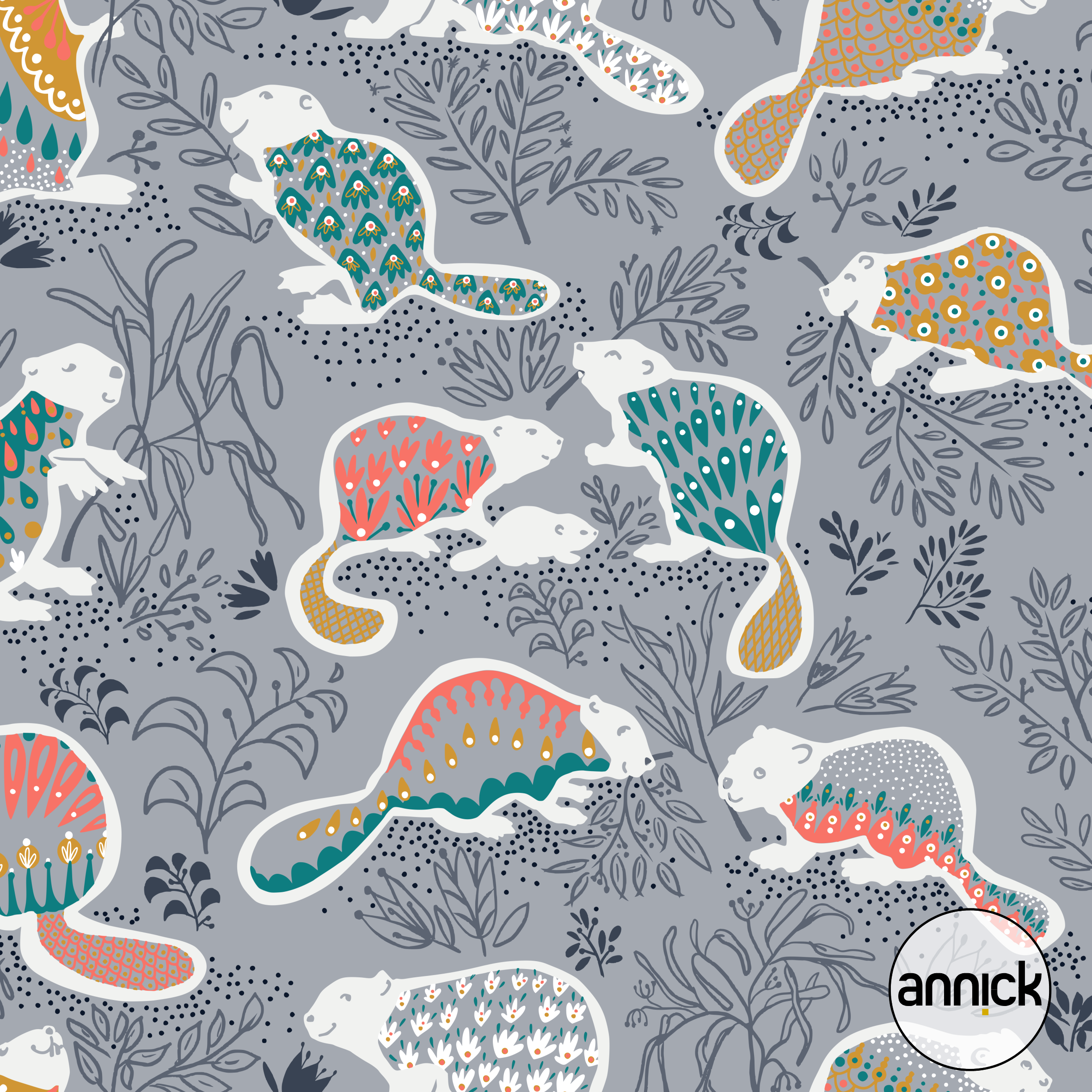 Scuba Stoff  -  Beaver Family by Day  - Annick, Tiere, grau, Breite 150 cm