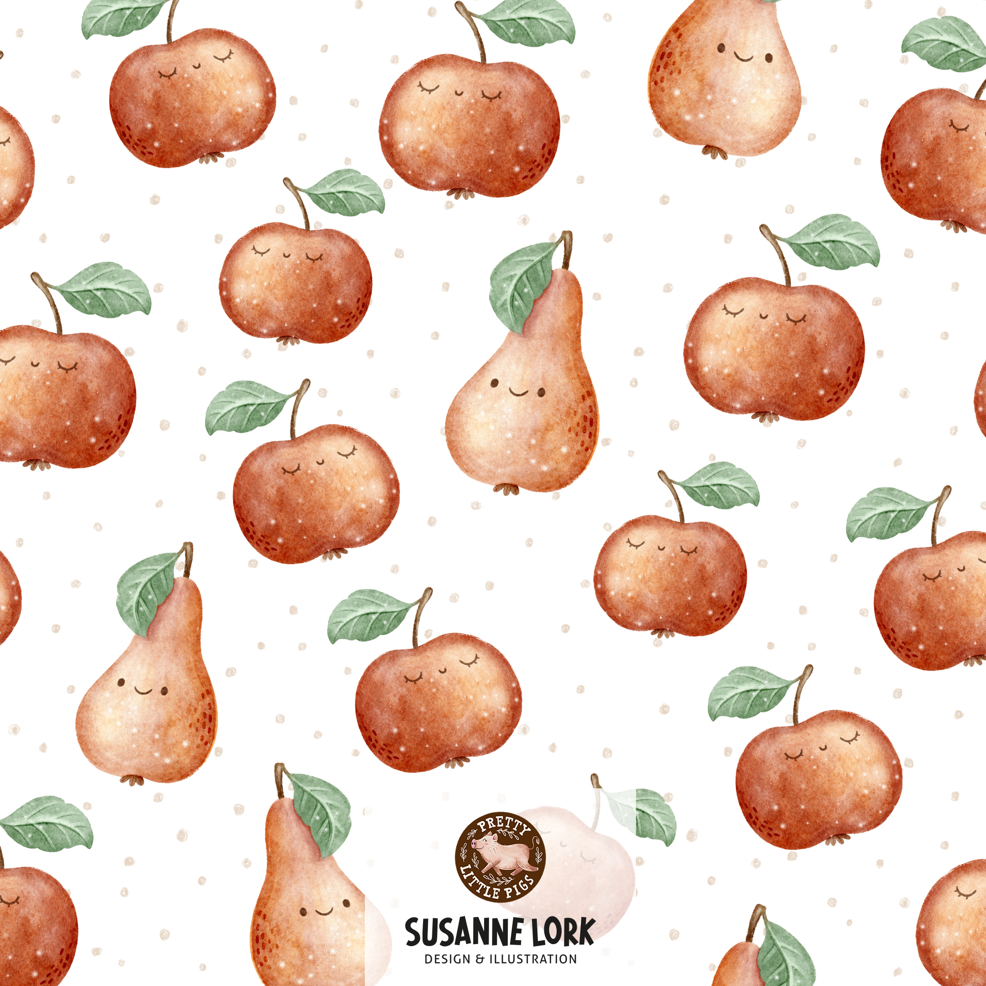 Bio Summersweat Stoff  - Apfel und Birnen - PrettyLittlePigs, weiß, Essen, Obst Breite 150 cm