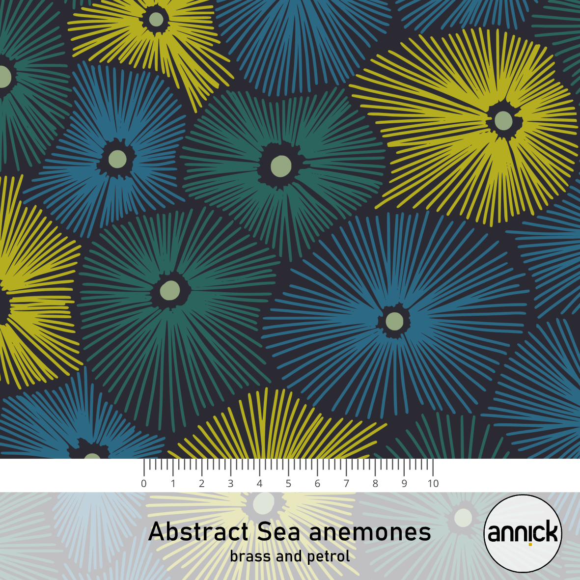 Organic Fabric - Abstract Sea Anemones Brass and Petrol by Annick in blue
