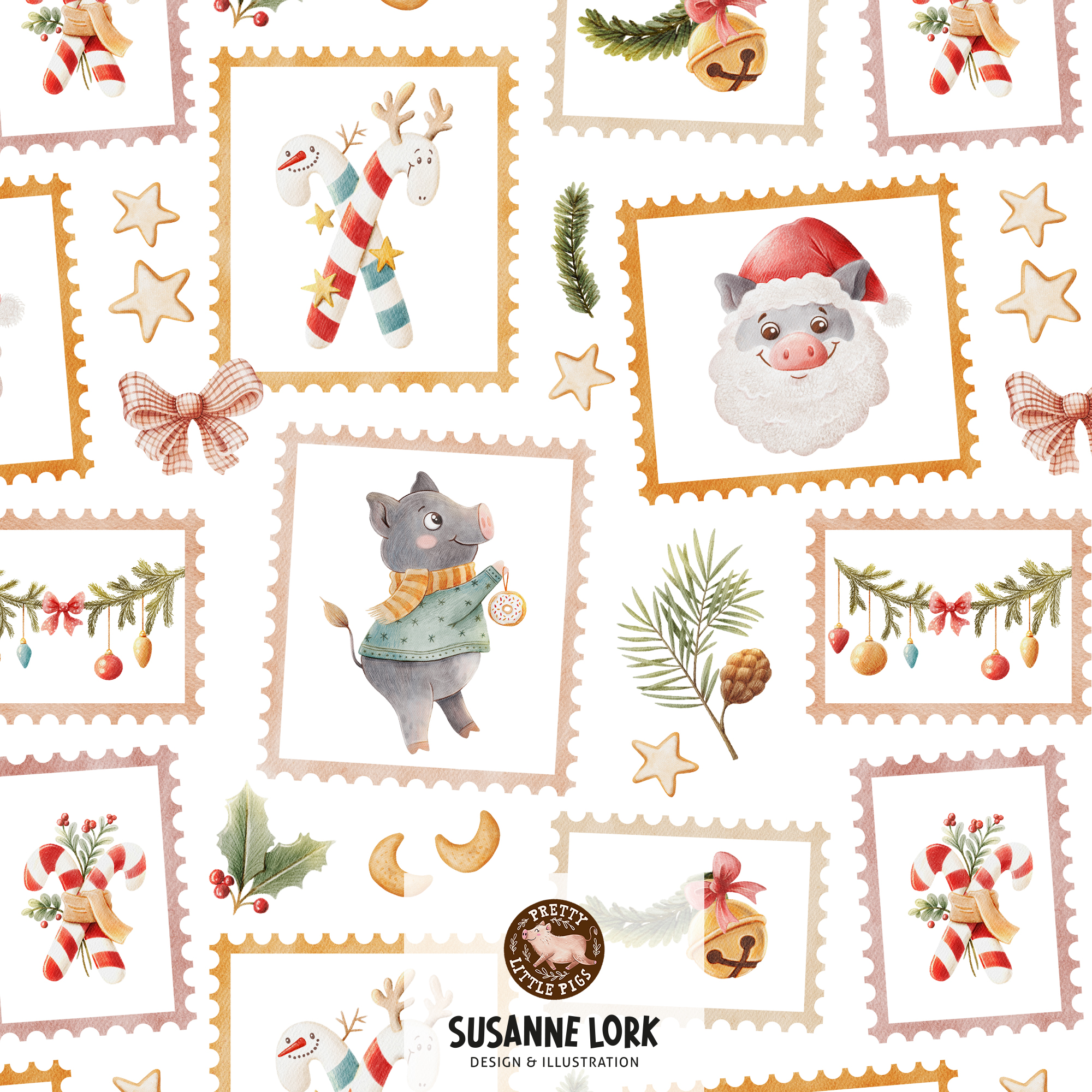 Organic Fabric - Merry Christmas Stamps colorful