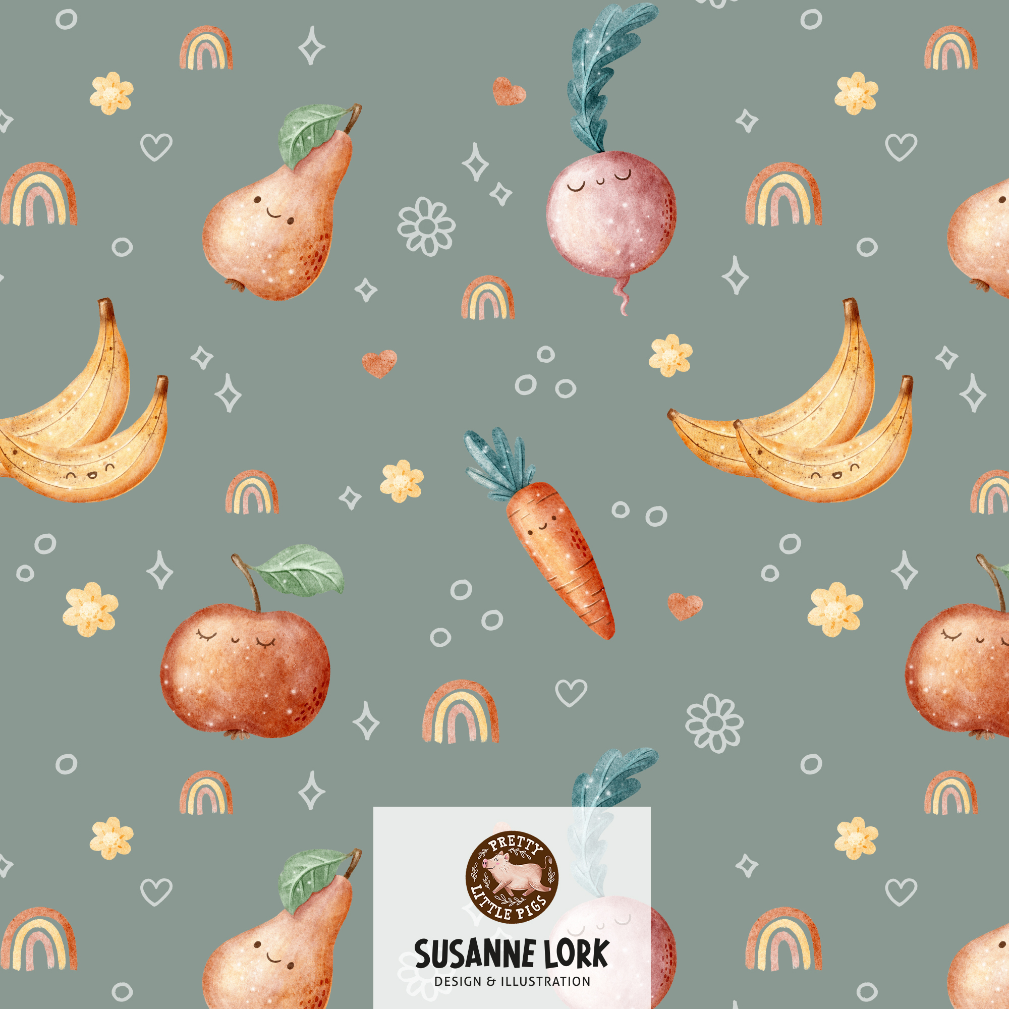 Bio Summersweat Stoff  - First Baby Food Moss - PrettyLittlePigs, blau, Essen, Obst Breite 150 cm