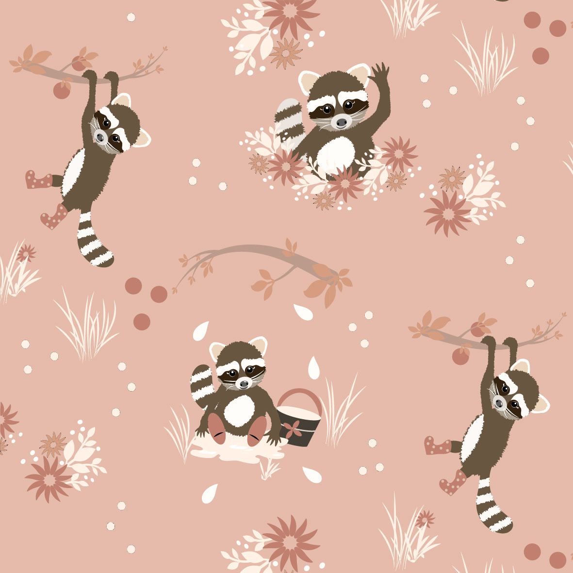 Bio Webware Stoff - Waschbär Rocco im Garten Puder - EviRoiderDesign, Tiere, rosa, 100% Bio-Baumwolle Bio Webware Stoff - Waschbär Rocco im Garten Puder - EviRoiderDesign, Tiere, rosa, 100% Bio-Baumwolle