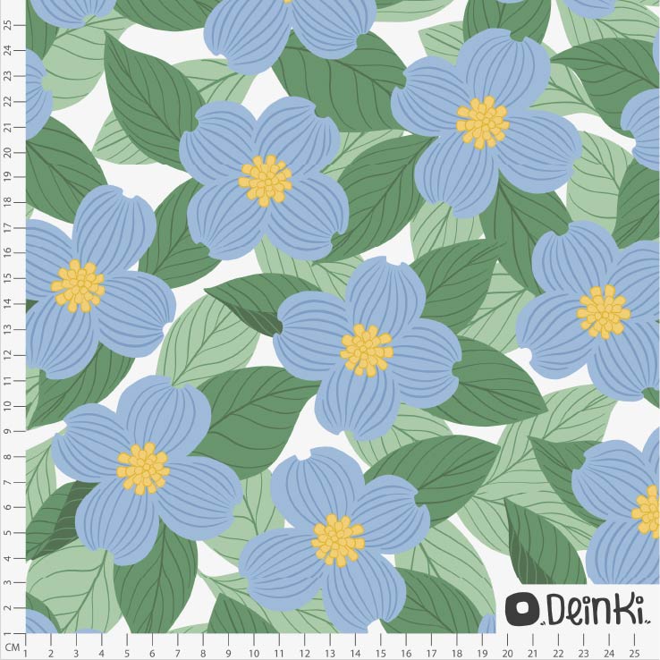 Bio Summersweat Stoff  - Blütenhartriegel Hellblau Grün - Deinki, blau, Floral & Blumen Breite 150 cm