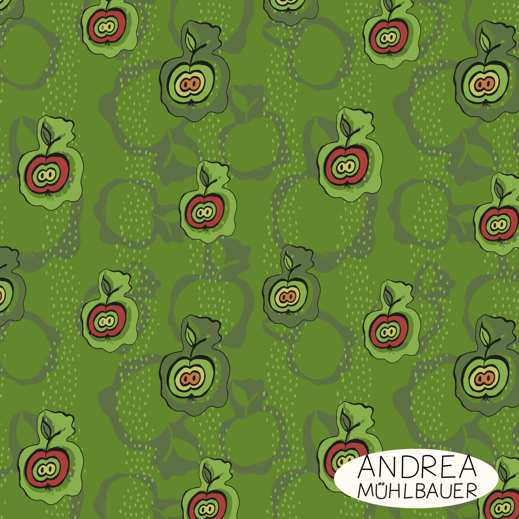 Organic Fabric - Apple Harvest Green by Andrea Muehlbauer in green