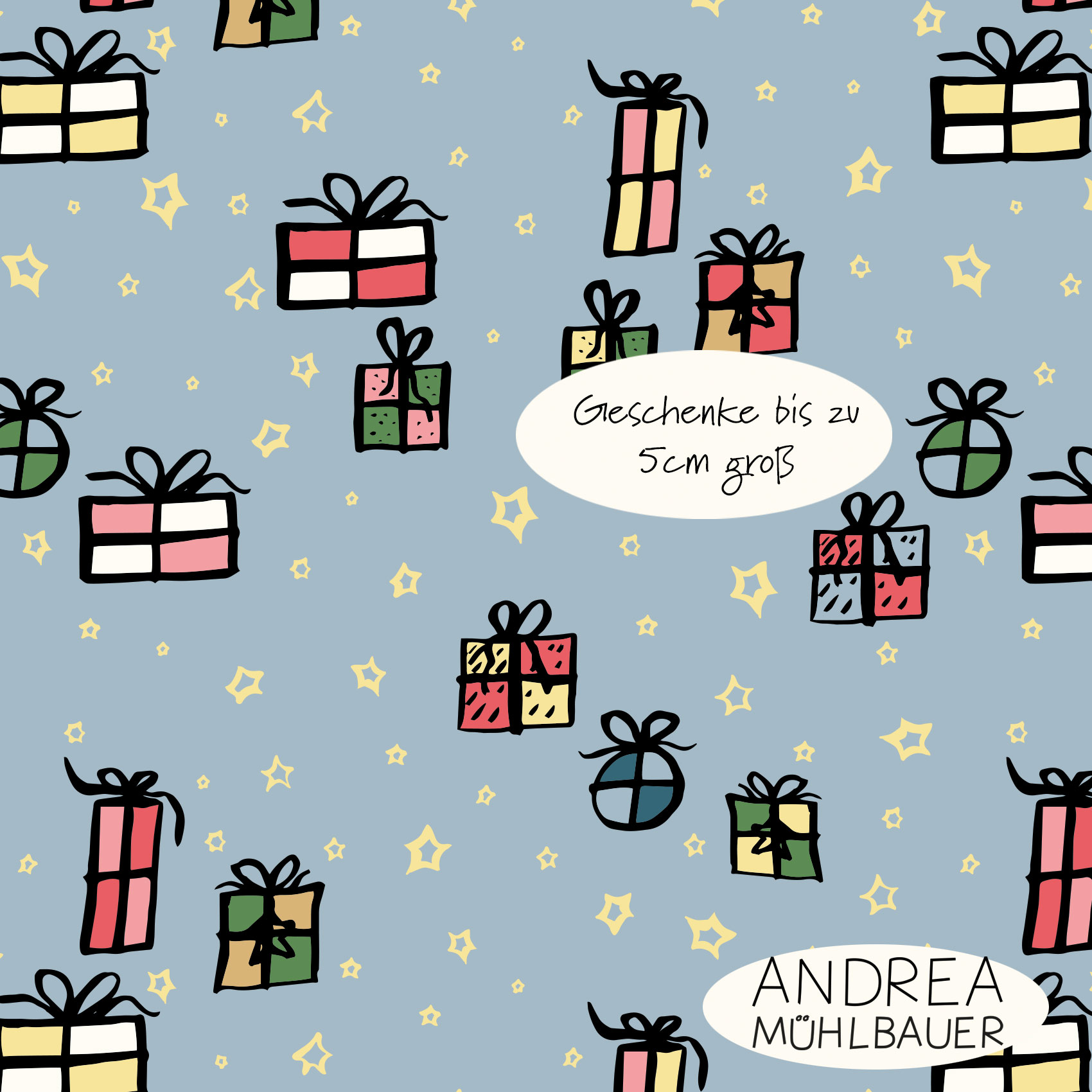 Bio Webware Stoff  - Christmas Gift and Stars on Light Blue - AndreaMuehlbauer, Weihnachten, blau, 100% Bio-Baumwolle