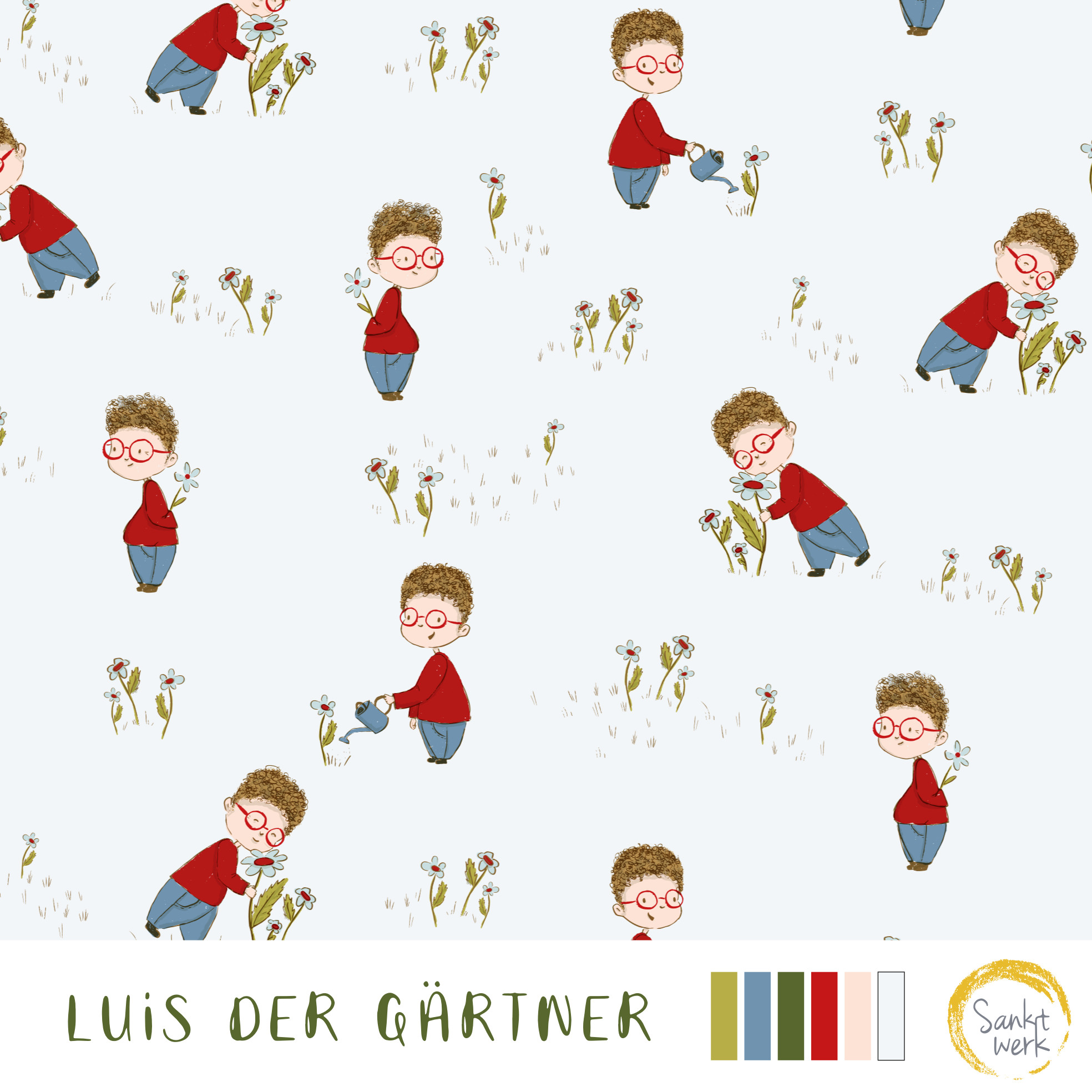 Bio Webware Stoff - Luis der Gärtner - Sanktwerk, Sommer, Garten, Frühling, weiß, 100% Bio-Baumwolle Bio Webware Stoff - Luis der Gärtner - Sanktwerk, Sommer, Garten, Frühling, weiß, 100% Bio-Baumwolle