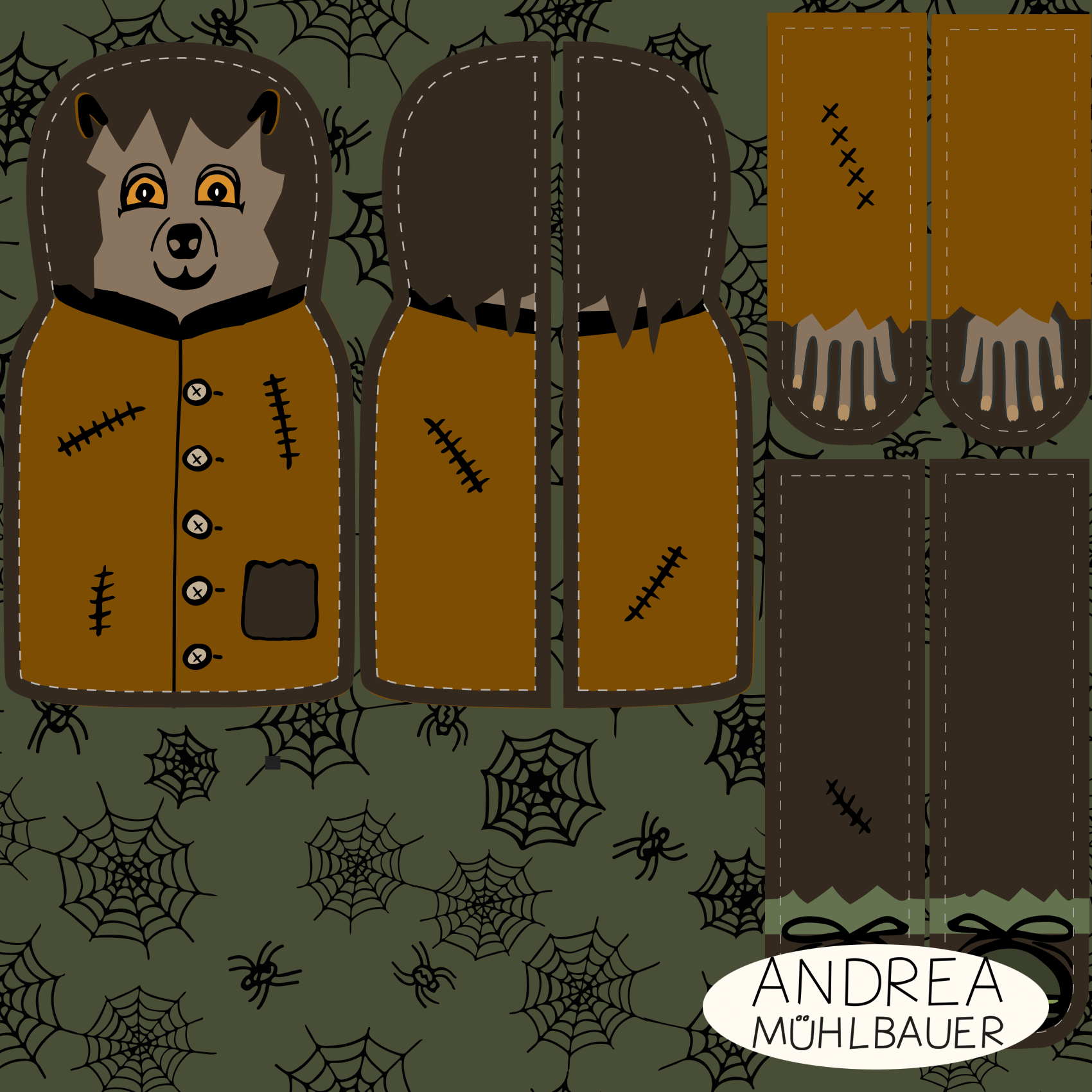 Bio Stoff - 50 cm Panel Halloween Puppen Mumie Und Werwolf von Andrea Muehlbauer in grün