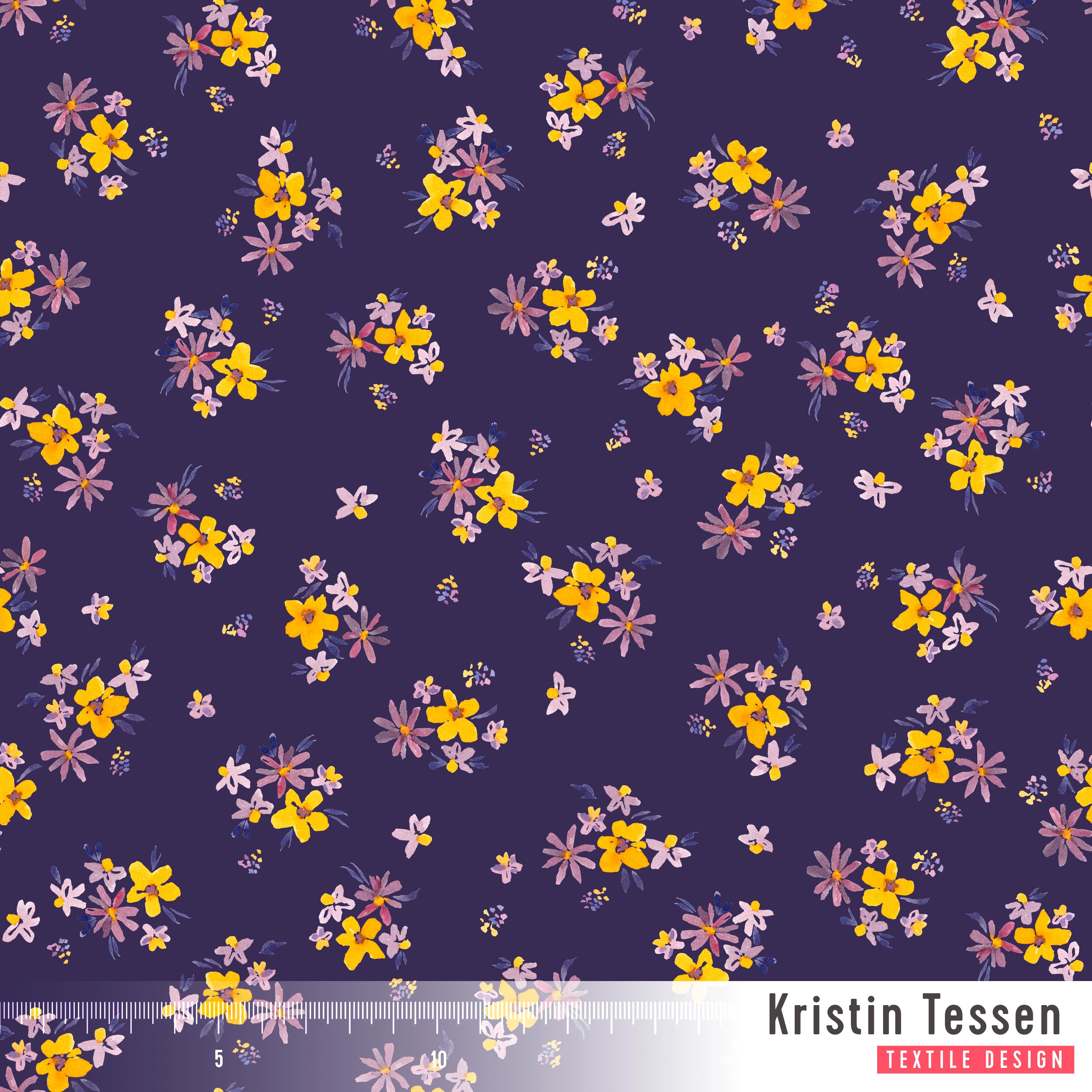 Bio Summersweat Stoff  - Lila Sommer Gelb Nachtblau - KristinTessen, blau, Floral & Blumen Breite 150 cm