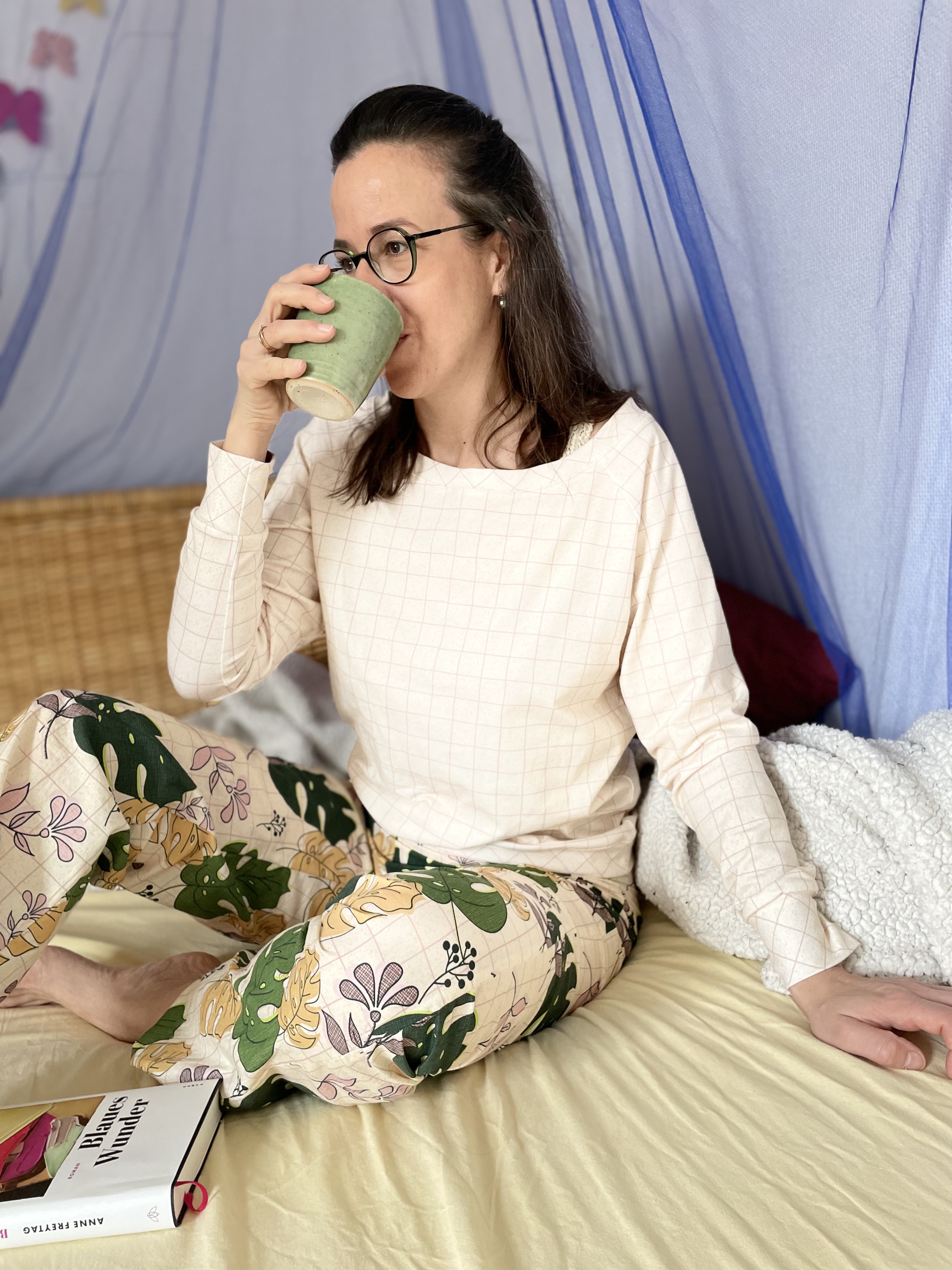 Bio Stoff  -  Nerdy Monstera Garden kariert, beige