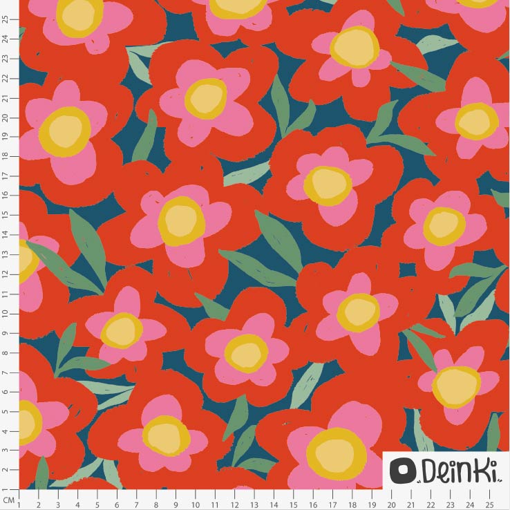 Bio Summersweat Stoff  - Bold Flowers Rot Blau - Deinki, rot, Floral & Blumen Breite 150 cm