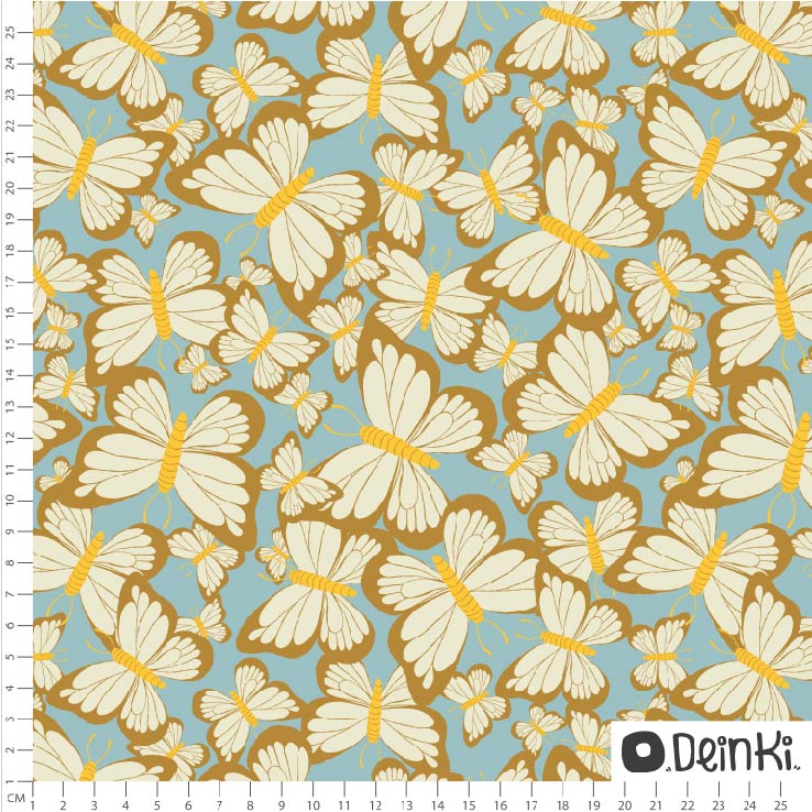 Bio Stoff  -  Schmetterlinge sind da  - Deinki, blau, Garten, Frühling, Floral & Blumen, gelb